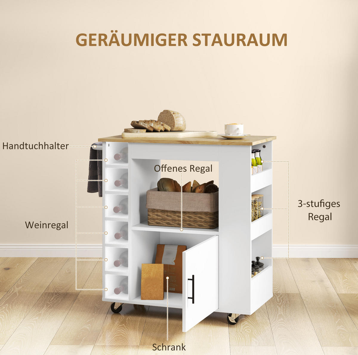 KÜCHENWAGEN mit Arbeitsplatte und Rollen Eiche - Eichefarben, Holz (40/83/83cm) - Beauniv
