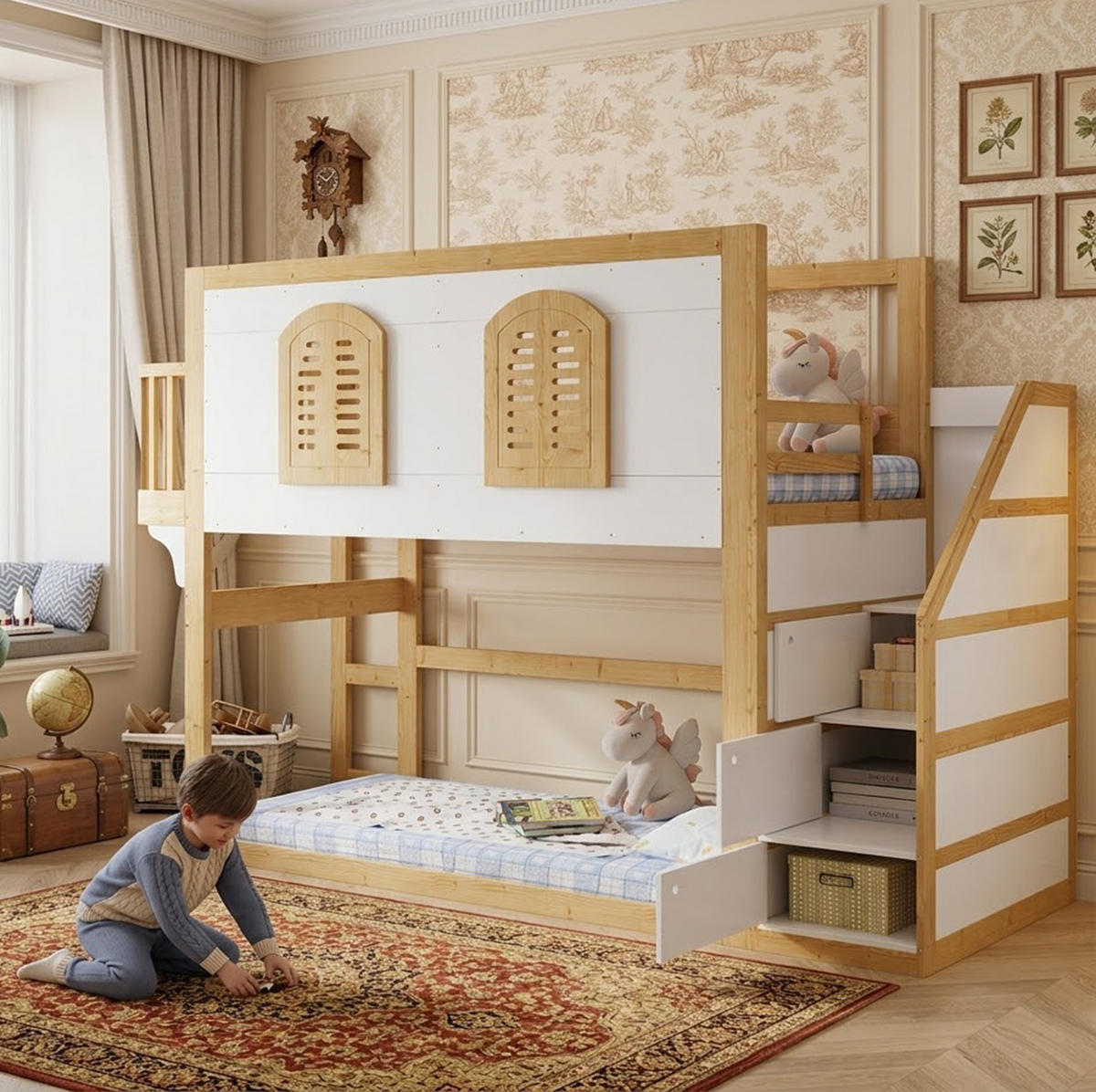 HOCHBETT 90x200 cm in Natur/Weiß mit Treppenschrank und Spielfläche - Weiß, Holz (90/200cm) - IVMEU