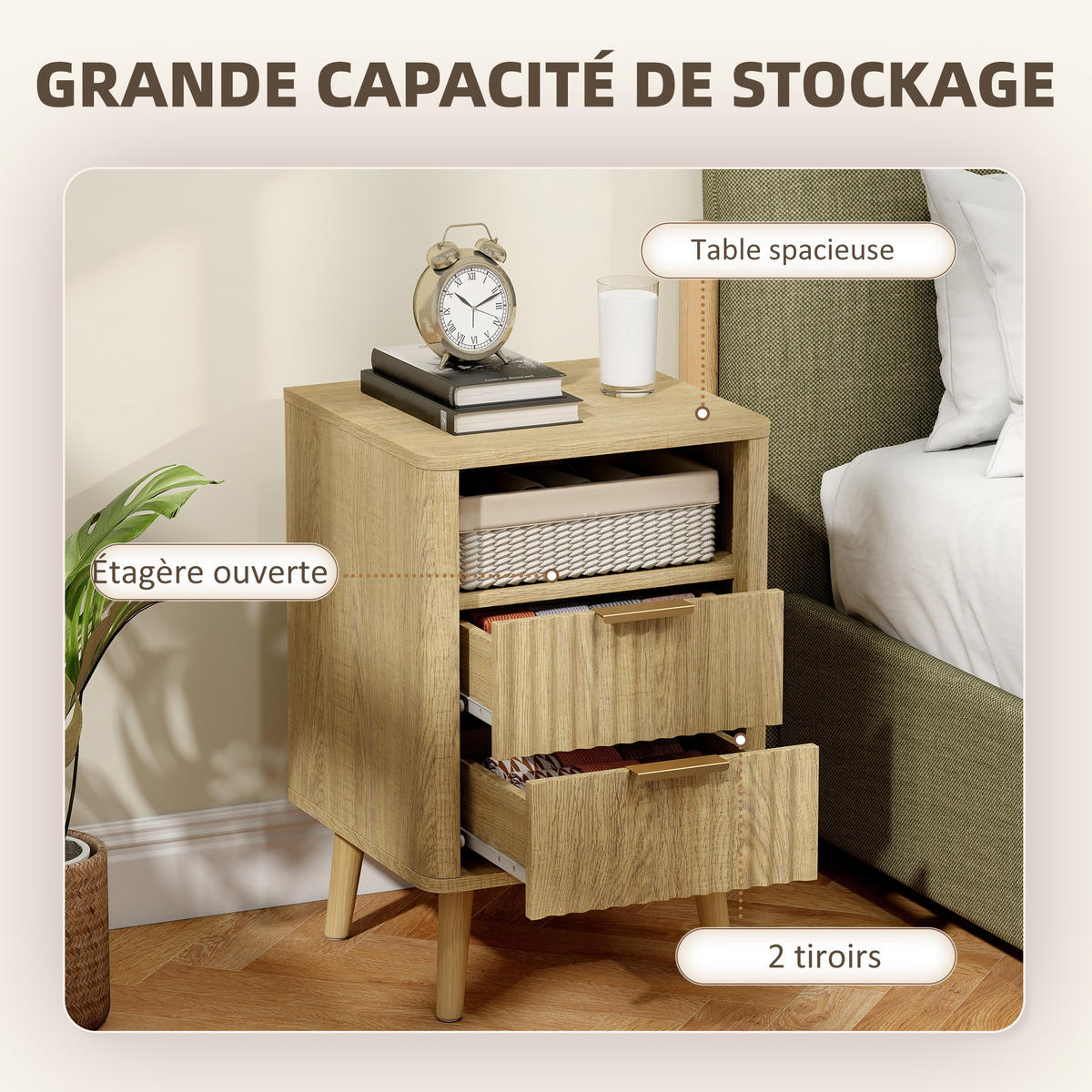 NACHTKOMMODE Eiche MDF und Holz mit 2 Schubladen und offenem Fach 2er-Set - Eichefarben, Holzwerkstoff (40/61/40cm) - PANGIVO