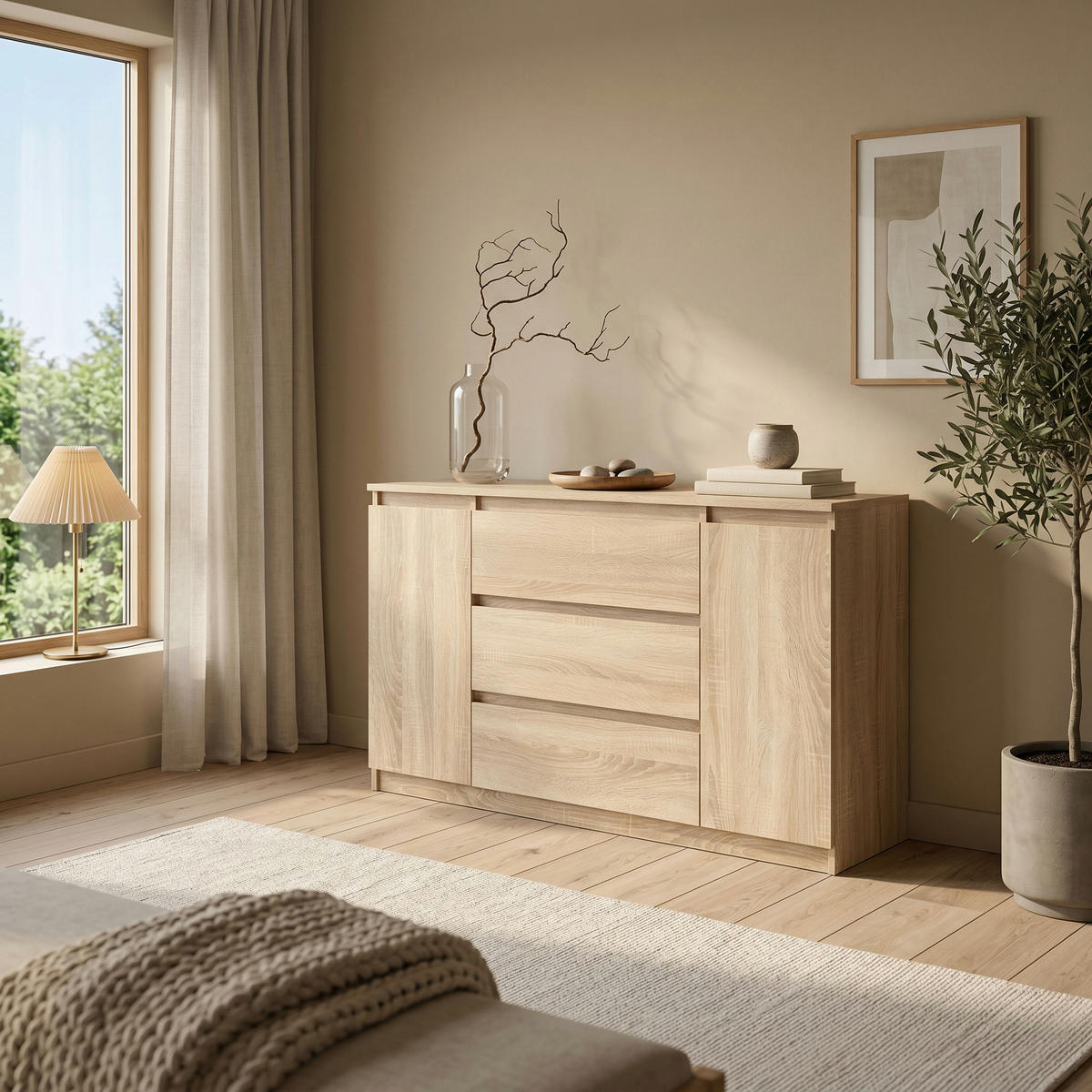KOMMODE NUDO 120/78,5/39cm mit 3 Schubladen 2 Türen Sonoma Eiche - Sonoma Eiche, Holzwerkstoff (120/78.5/39cm) - MASSENO