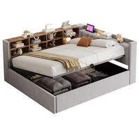 POLSTERBETT 140/200 cm aus Samt mit Stauraum, Nachtlicht und USB, Hellgrau - Hellgrau, Textil (140/200cm) - OKMYHOME