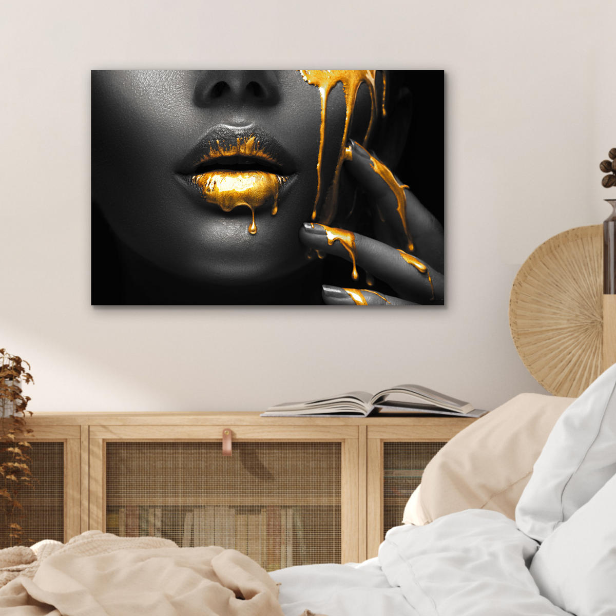 METALLBILD Frau - Schwarz - Gold - Gesicht - Lippen 60x40 cm - Goldfarben, Metall (60/40cm) - MuchoWow