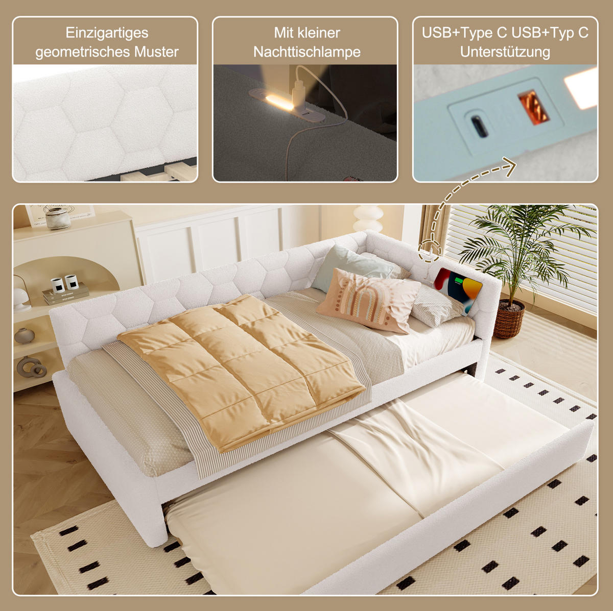 POLSTERBETT 90/200 cm Weiß aus Boucle mit Ausziehbett - Weiß, Textil (90/200cm) - OKMYHOME