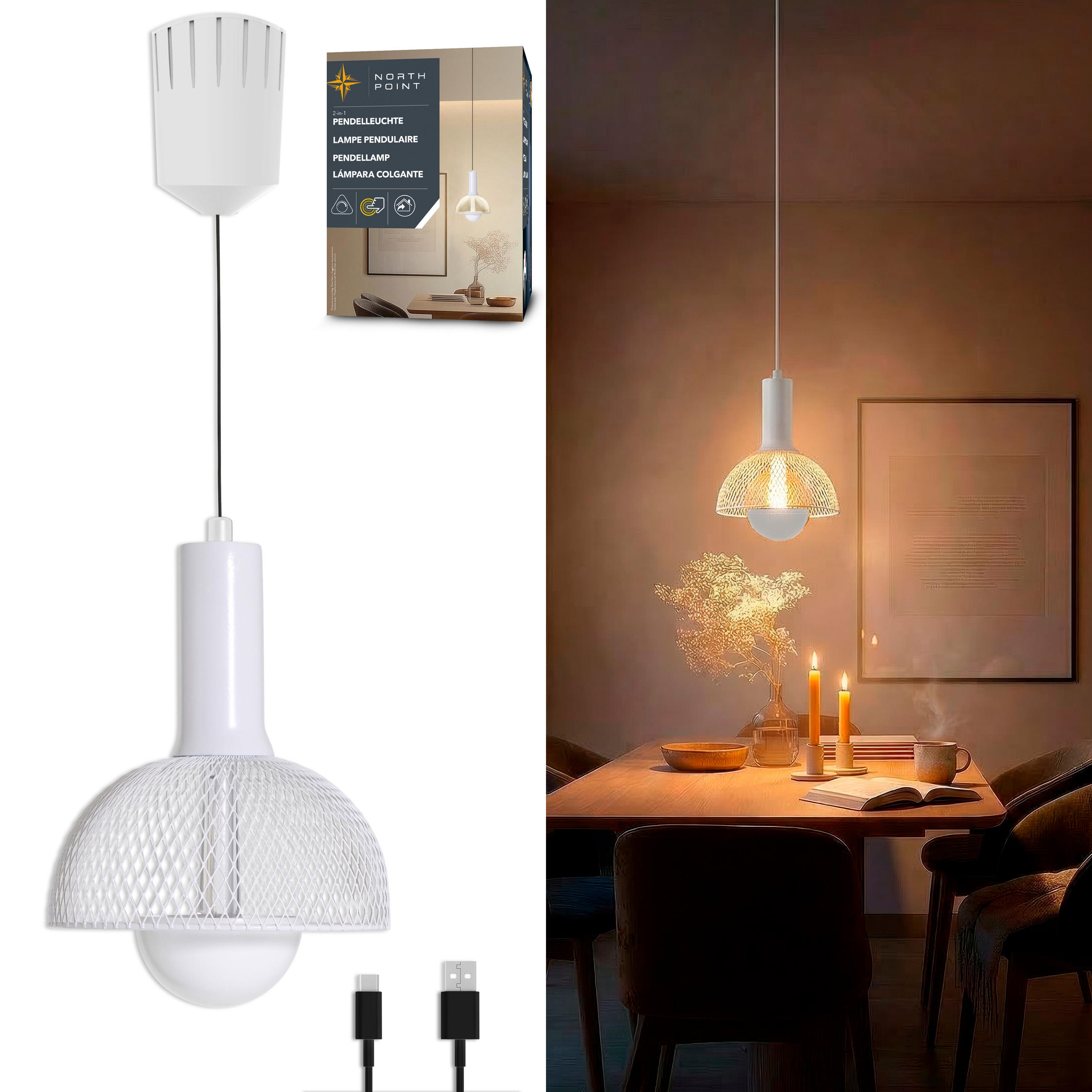 LED-AKKU-PENDELLEUCHTE - Höhenverstellbar mit abnehmbarer Leuchteinheit und Touch-Dimmer in Weiß - Weiß, Metall (16/16/150cm) - Northpoint