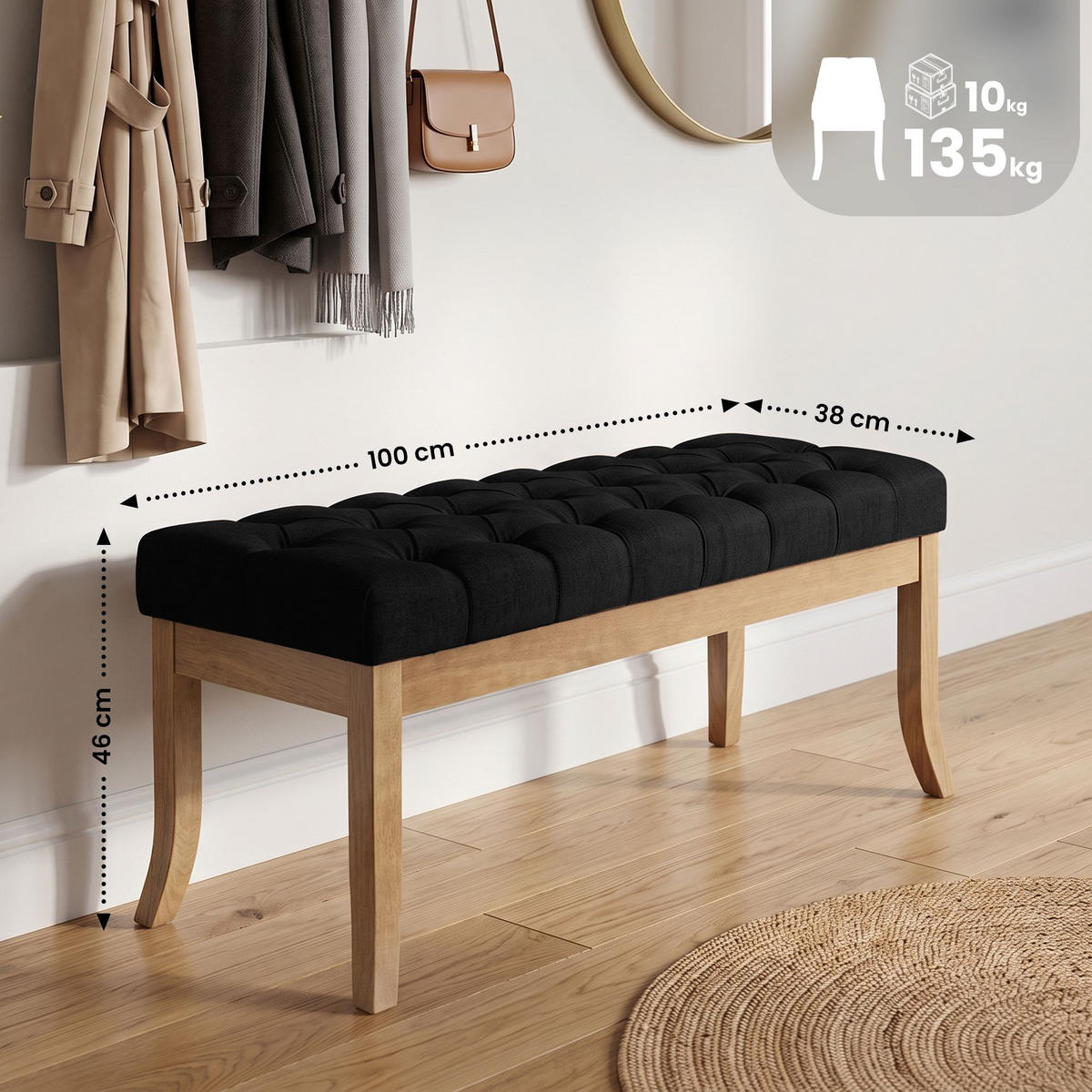SITZBANK 100/38 cm Stoff Schwarz - Schwarz/Naturfarben, Holz/Textil (100/46/38cm) - CLP