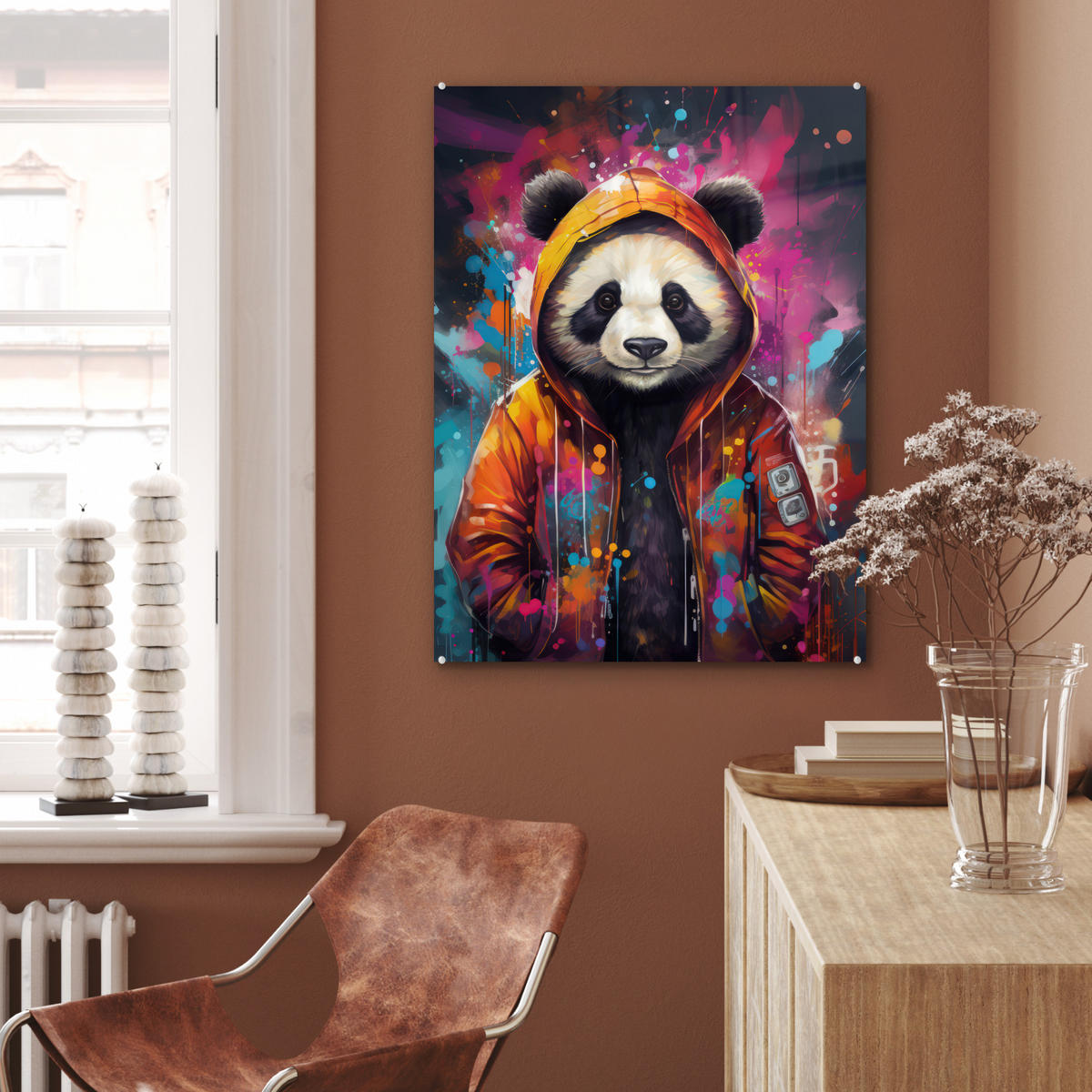 ACRYLGLASBILD Panda - Jacke - Graffiti - Orange 60x80 cm - Orange, Glas (60/80cm) - MuchoWow