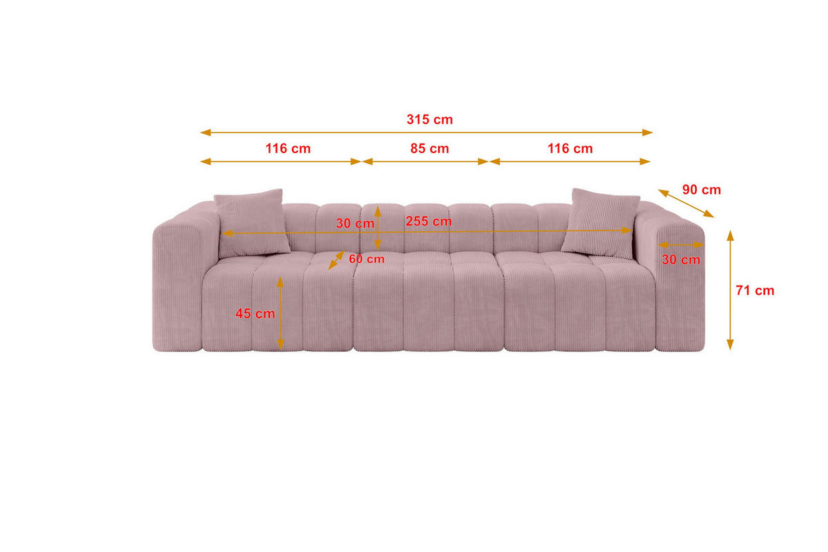 POHOVKA 3-MÍSTNÁ DONY-3 315x90x71 cm Růžová Manšestr - růžová/černá, kompozitní dřevo/textil (315/71/90cm) - ALTDECOR
