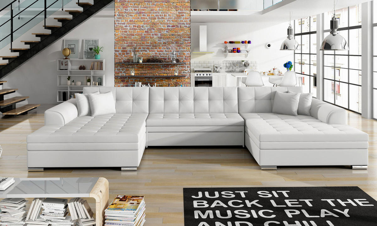 WOHNLANDSCHAFT VENTO U-Form – Großzügiges Ecksofa mit Schlaffunktion & Kissen 359 cm - Weiß, Kunststoff (359/78/165cm) - Wohnideebilder
