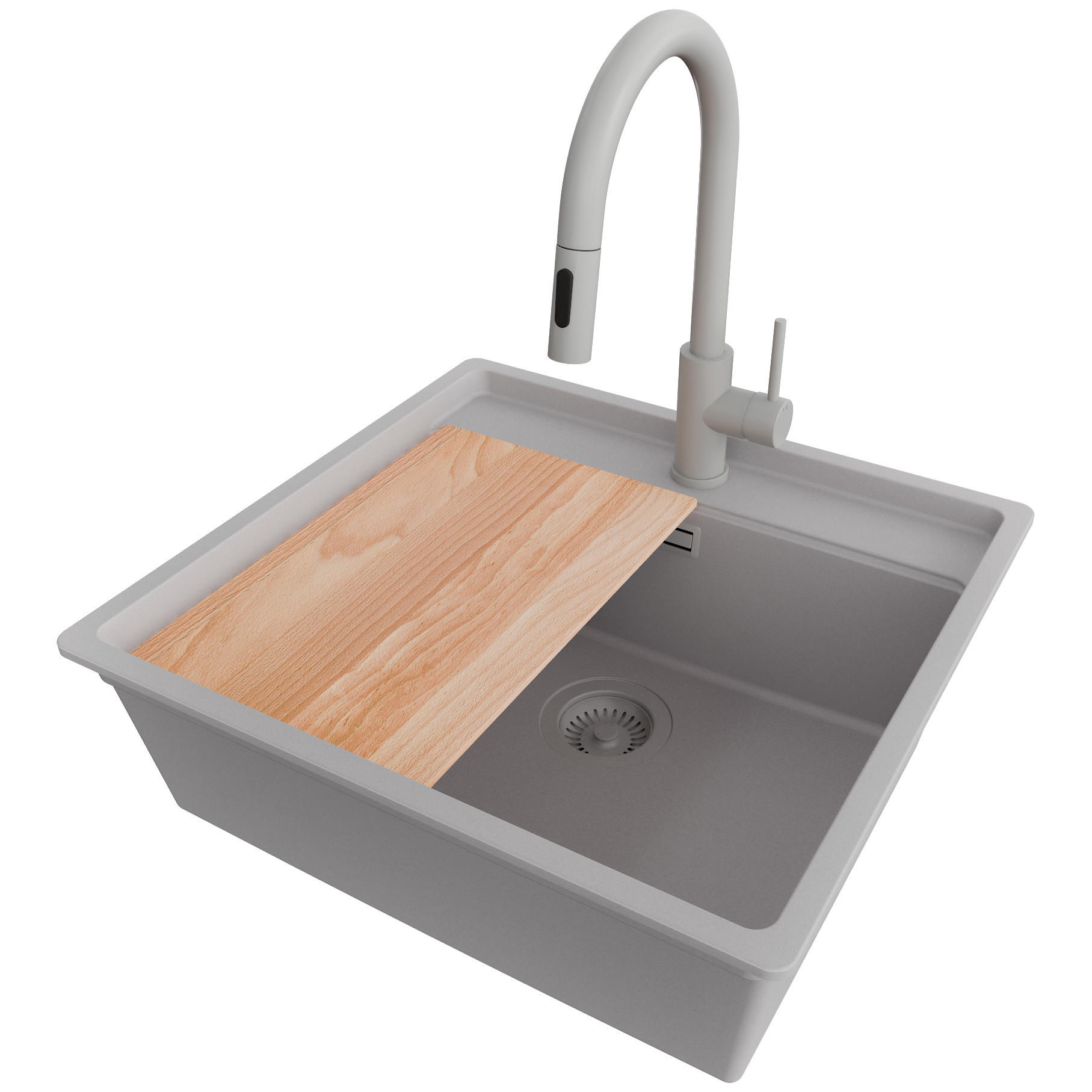 GRANITSPÜLE Bergen, 2-er set Grau 56/53 cm 1 Becken + Küchenarmatur 40/20 cm + Ablauf-Set + Schneidebrett ab 60er Unterschrank - Beige/Grau, Kunststoff (56/20/53cm) - Primagran