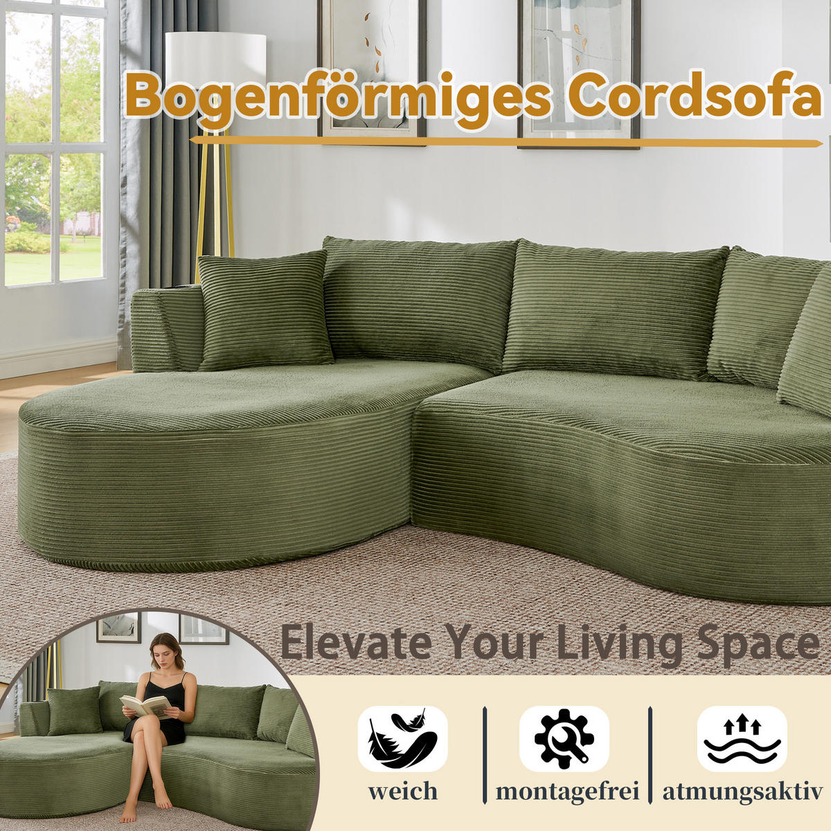 3-SITZER ECKSOFA Cord Grün mit Getränkehaltern und mit Kissen - Grün, Textil (264/168cm) - WISHDOR