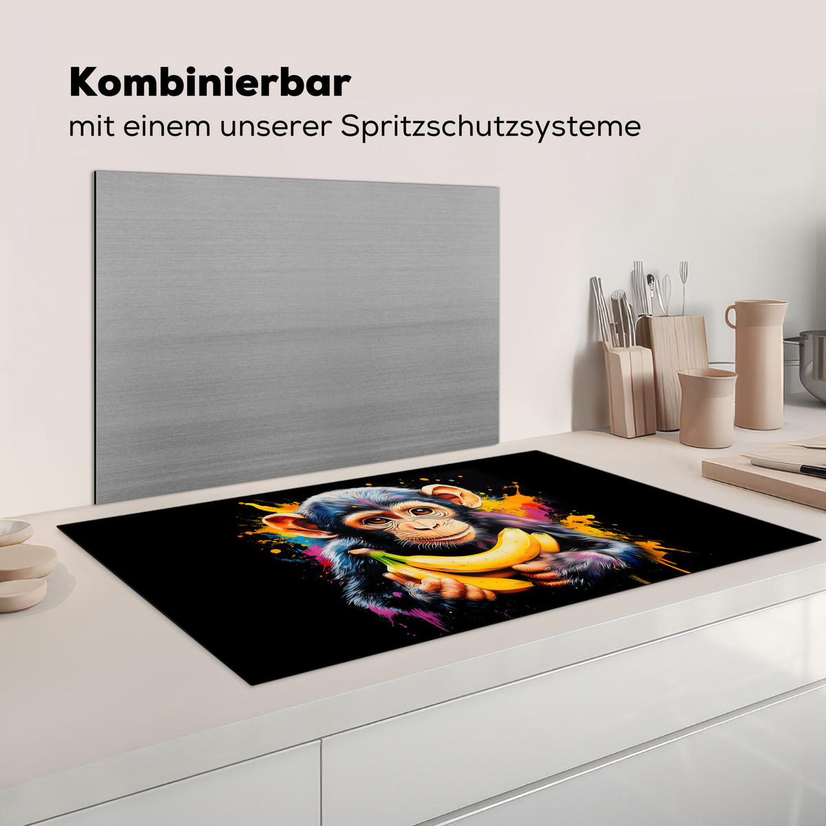 KRYT NA INDUKČNÍ DESKU Opice - Graffiti - Barevné - Banány - Moderní 91.2x52 cm - žlutá, plast (91.2/52/0.2cm) - MuchoWow