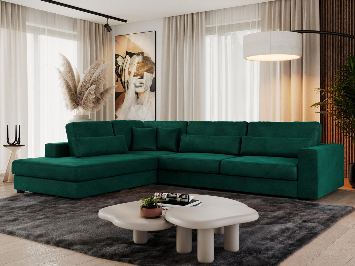 ECKSOFA Savona Dunkelgrün Velvet - links - Dunkelgrün/Schwarz, Kunststoff/Textil (316/249cm) - MKS