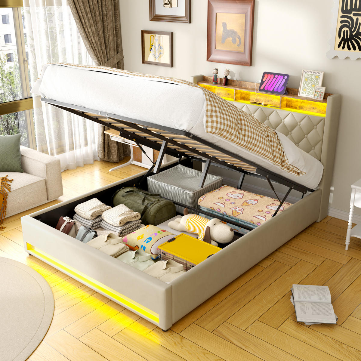 POLSTERBETT 160/200 cm Beige mit LED-Lichtleiste und USB-Anschlüssen - Beige, Holzwerkstoff (160/200cm) - OKWISH