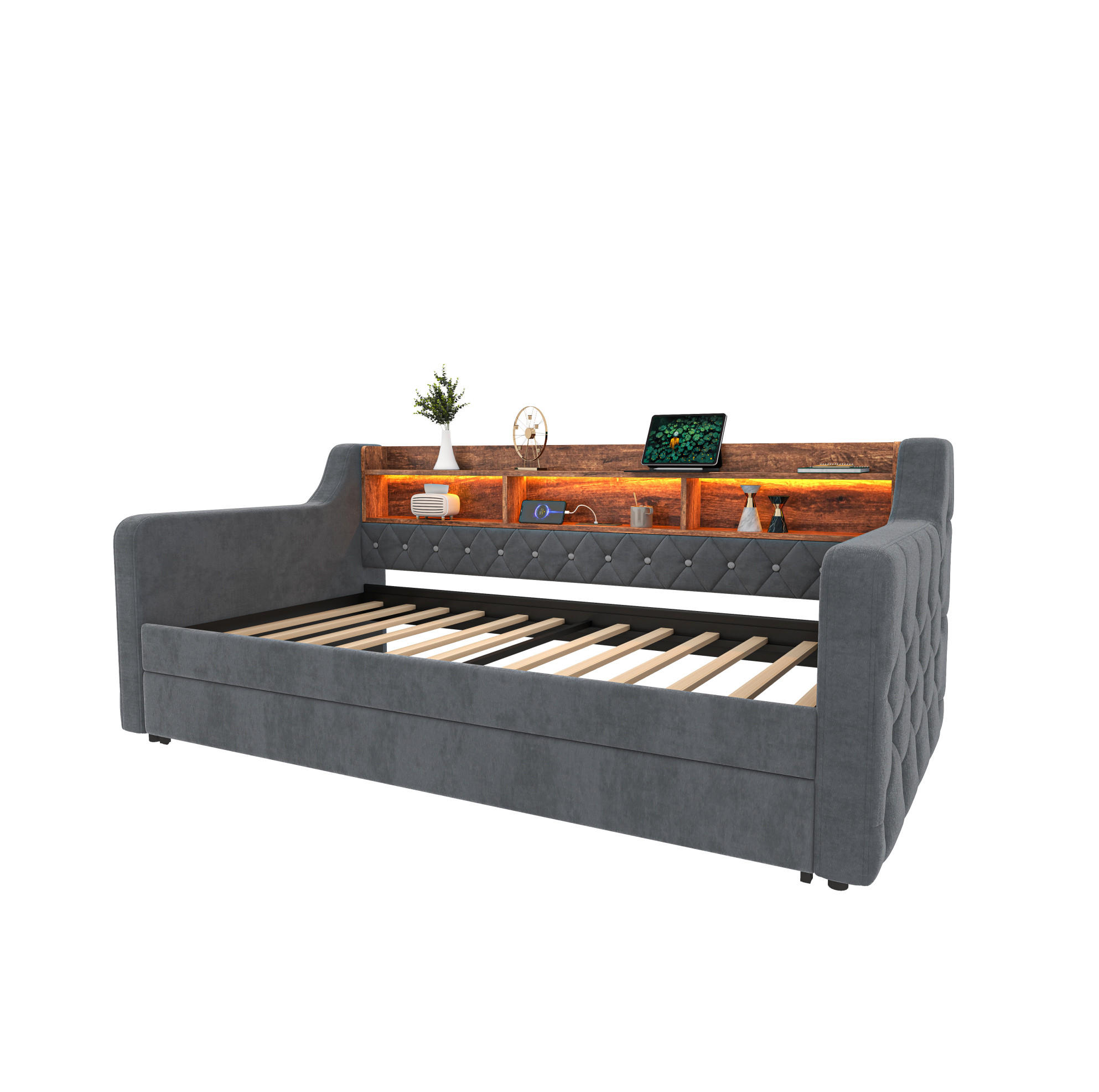 Modfu ROZKLÁDACÍ postel ze sametu 90x190 cm tmavě šedá s LED osvětlením, USB-C a úložným prostorem