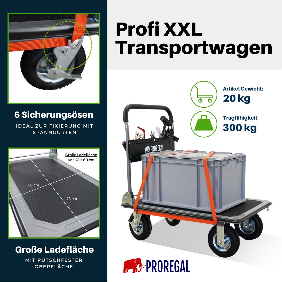 PLATTFORMWAGEN Transportwagen Rhino 300kg klappbar mit Luftreifen & Werkzeugtasche - Schwarz, Metall (90/60/94cm) - PROREGAL