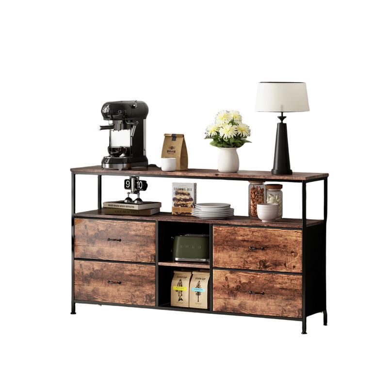 TV-SCHRANK mit Retro-Holzoptik, LED-Licht & 4 Stoffschubladen - Braun, Holzwerkstoff (29.8/76.8/108cm) - SHOPENTRA
