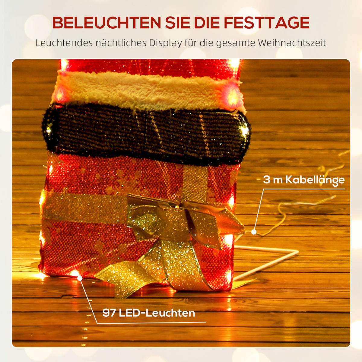 97ER LED Weihnachtsdeko, Weihnachten Weihnachtsmann Weihnachtsbeleuchtung - Multicolor, Textil (30/93/52cm) - Outsunny