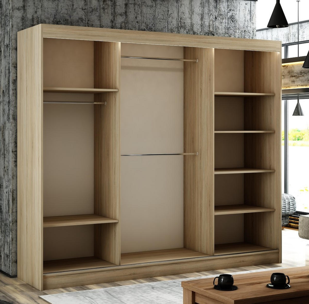 SCHWEBETÜRENSCHRANK Venus 250 cm mit Spiegel 3-türig, Eiche sonoma, lacobel weiß - Weiß/Sonoma Eiche, Kunststoff (250/215/61cm) - Margaret Hadas24