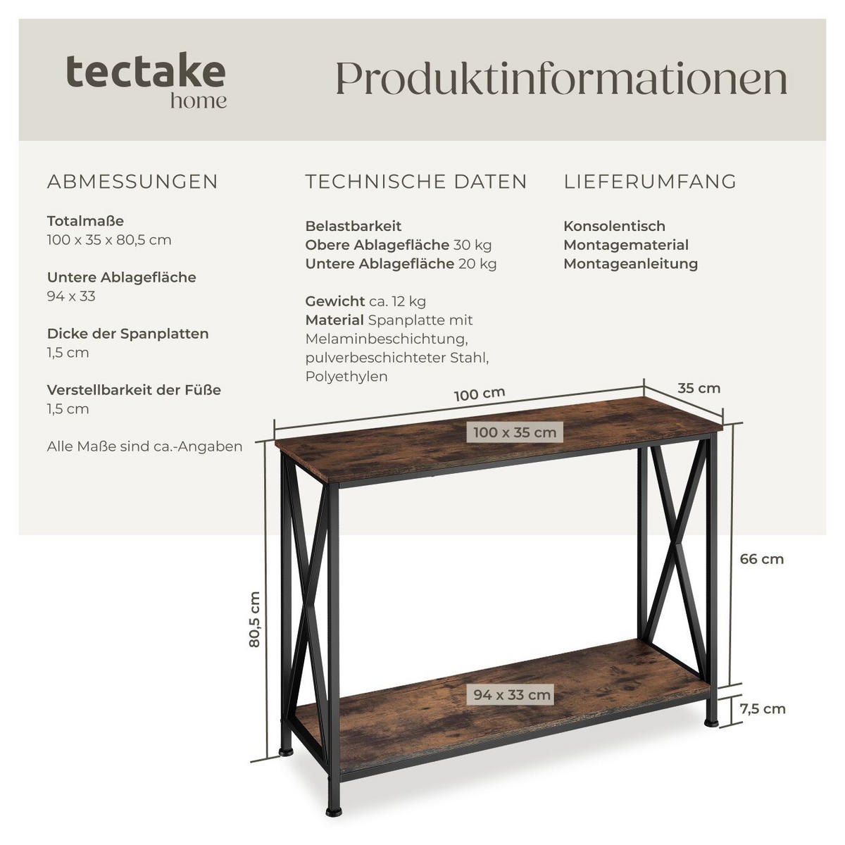 KONSOLENTISCH Tacoma,100 x 35 x 80,5 cm,Industrial Holz dunkel, rustikal - Rostfarben, Holzwerkstoff (100/35/80.5cm) - tectake