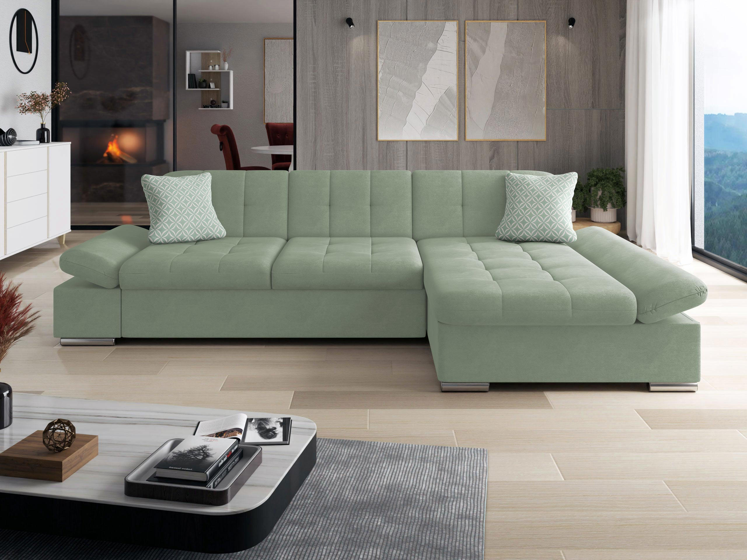 ECKSOFA Malwi, Seite: Rechts - Hellgrün, Holz/Textil (278/161cm) - MIRJAN24