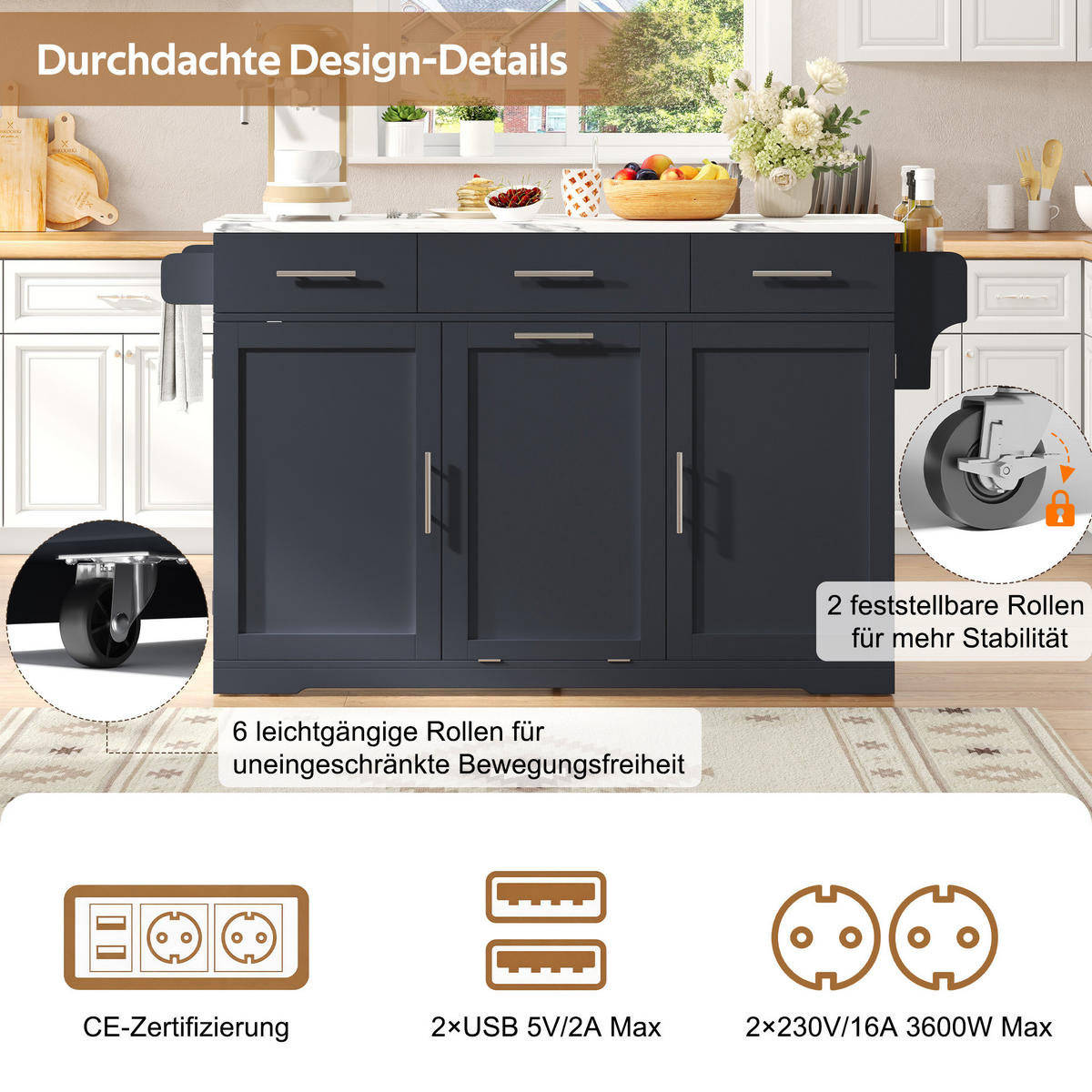 KÜCHENINSEL DE-41372 136/50-75/92 cm, klappbare Arbeitsplatte und Mülleimerschrank Grau - Grau, Holzwerkstoff (136/92/75cm) - ComfortXL