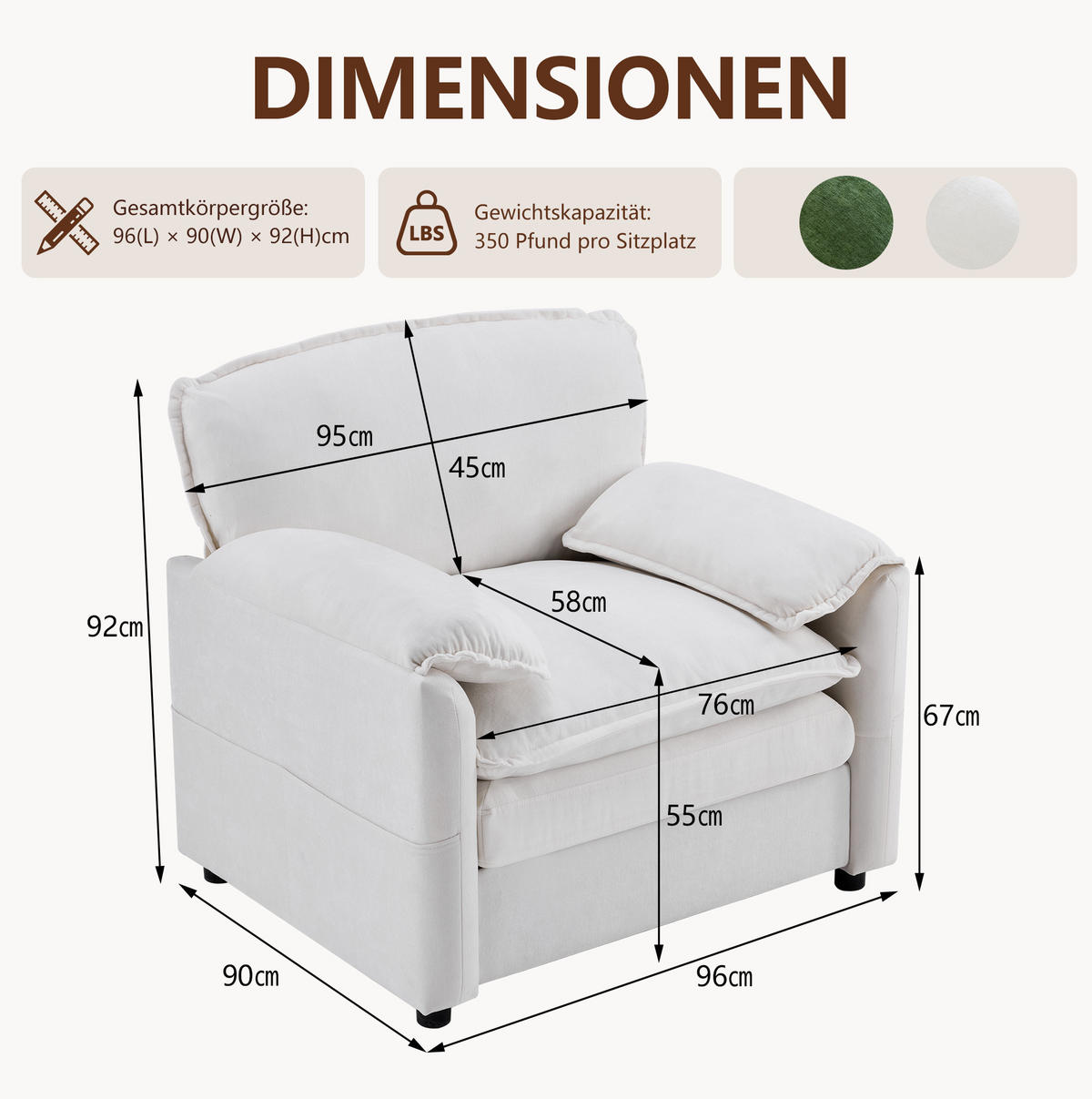 SESSEL mit Seitentaschen Chenille Weiß - Weiß, Holzwerkstoff (92/90/96cm) - Meubliv