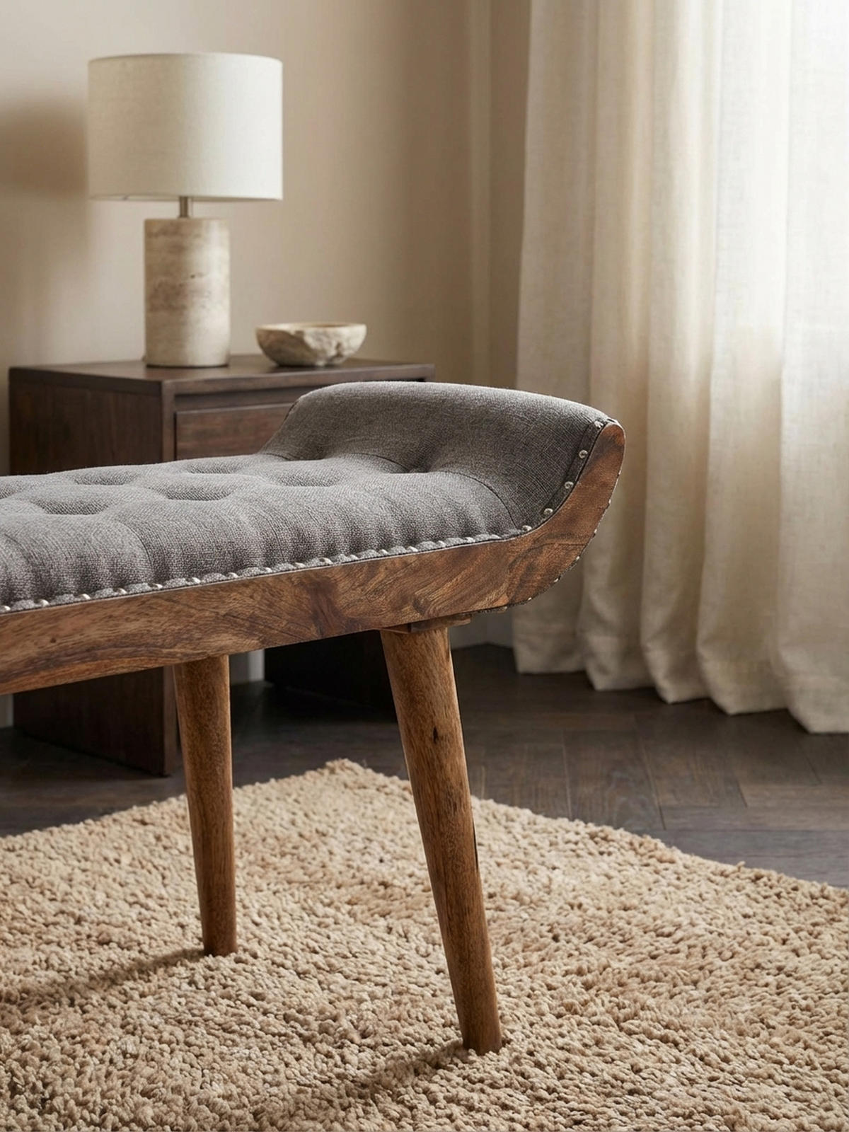 SITZBANK Massivholz Chesterfield Muster, Grau 125x38x50 cm - Braun/Grau, Mangoholz/Textil (125/50/38cm) - KADIMA DESIGN