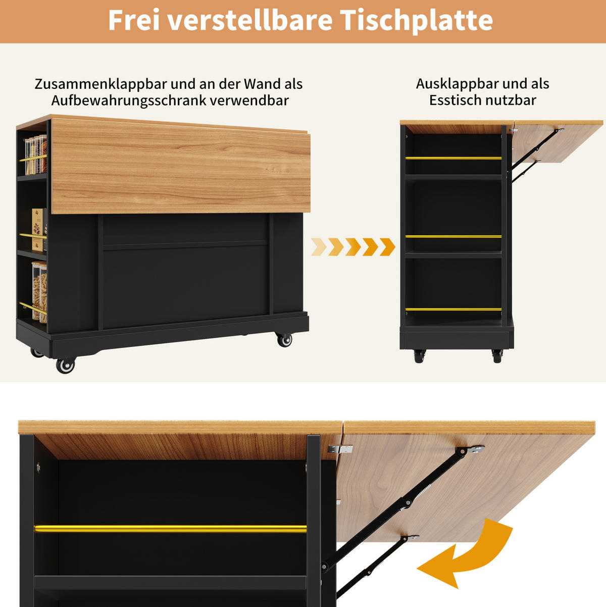 KÜCHENINSEL 120/40/90 cm schwarz aus MDF mit Klappplatte - Schwarz, Holzwerkstoff (120/90/40cm) - OKWISH