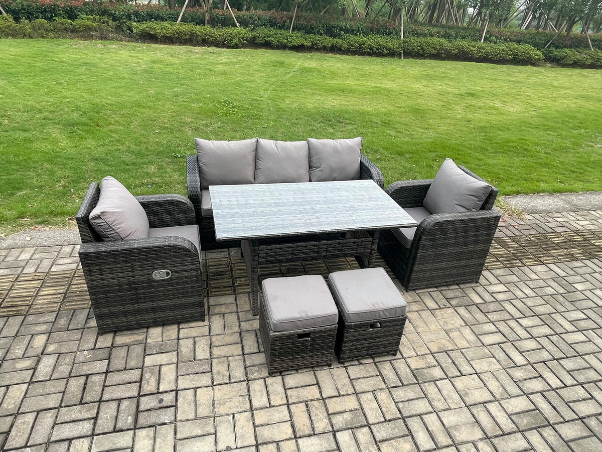 GARTENGARNITUR mit Liegestuhl,Esstisch Polyrattan Dunkelgrau 7-Sitzer - Dunkelgrau/Grau, Glas/Kunststoff - Fimous