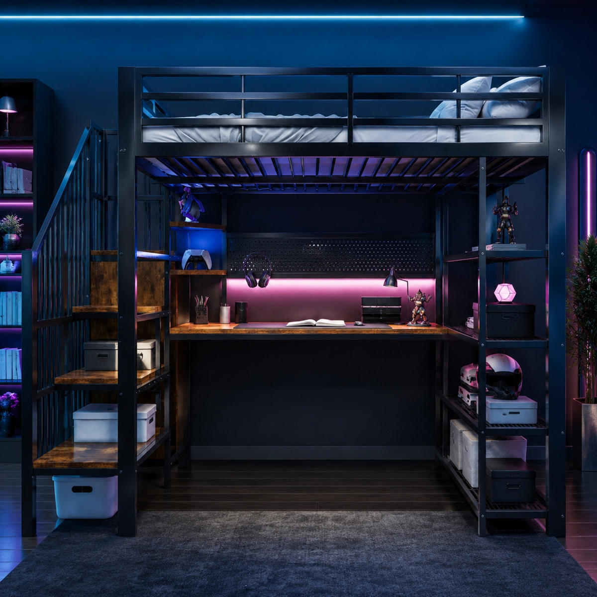 HOCHBETT 140/200 cm aus Metall und Holzwerkstoffen mit Treppe, Schreibtisch, Regal und LED Schwarz - Schwarz, Metall (140/200cm) - Modenvie