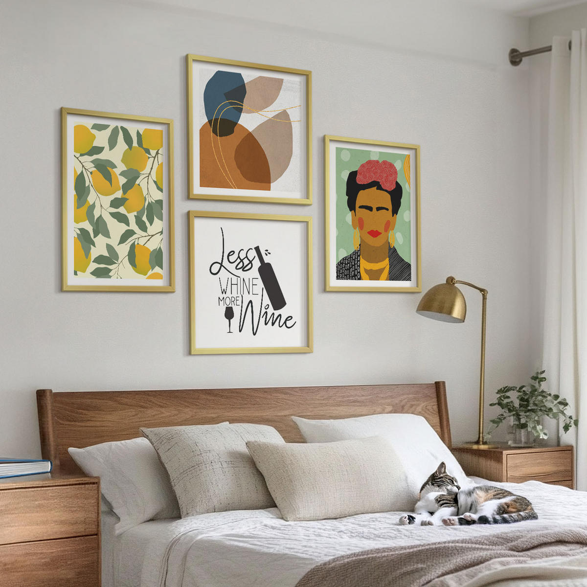 WANDBILDER 4er Set - 50x50 cm & 40x60 cm Goldrahmen - Zitronenweinporträt von Frida - Goldfarben, Kunststoff (50/50cm) - ArtPrintCave