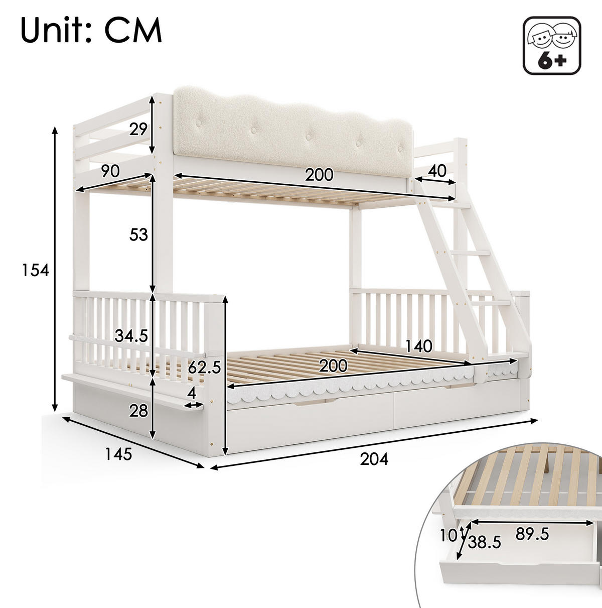 ETAGENBETT 90/200 cm und 140/200 cm Weiß mit Schubladen ohne Matratze - Weiß, Holz (140/200cm) - MIVRAY