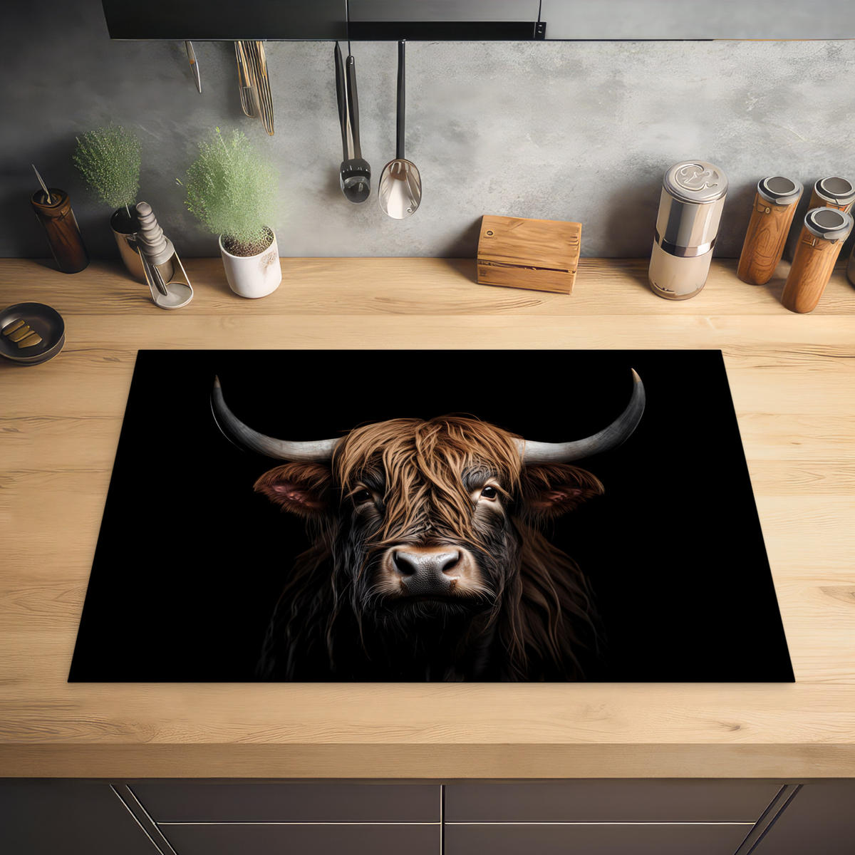 HERDABDECKPLATTE Schottischer Highlander - Porträt - Schwarz - Tier 80x52 cm - Braun, Kunststoff (80.2/0.2/52.2cm) - MuchoWow
