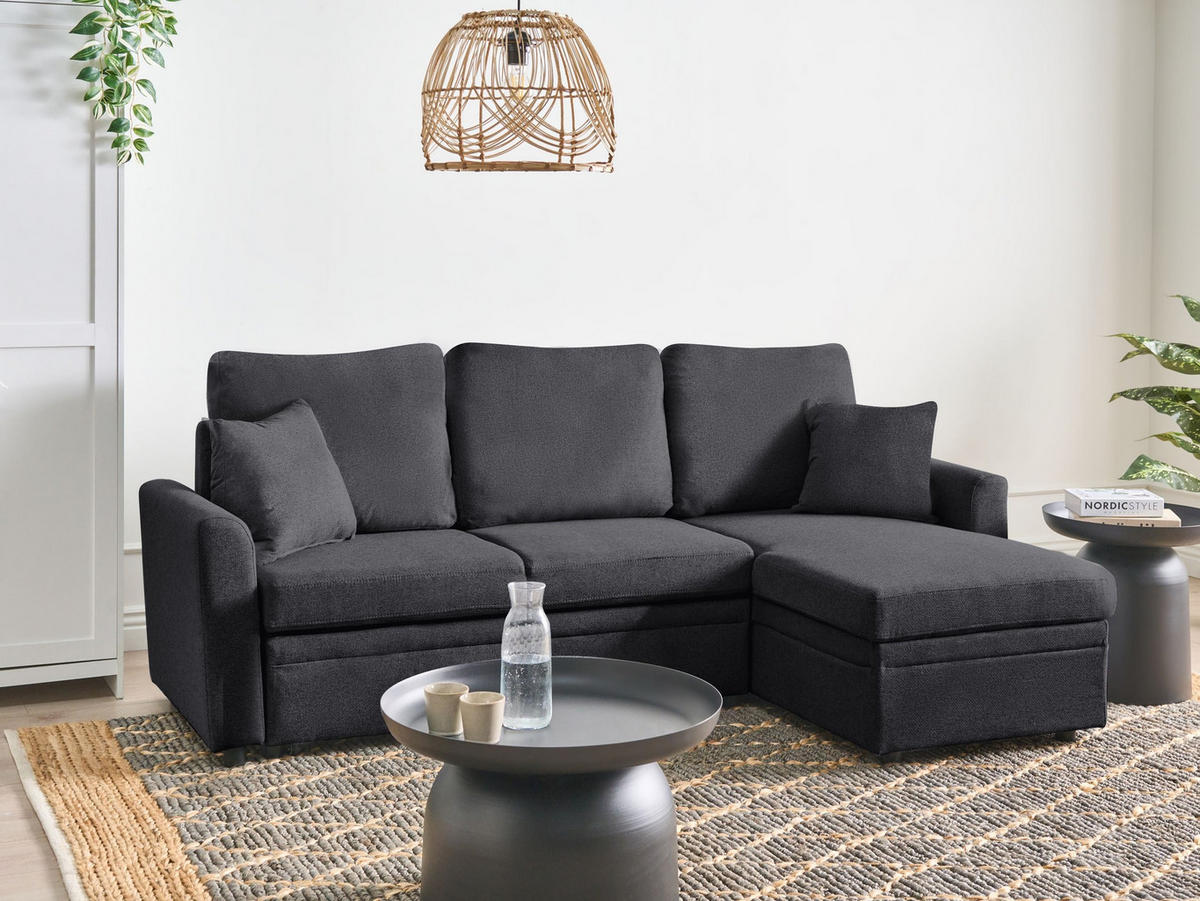 ROZKLÁDACÍ ROHOVÁ POHOVKA 3-místná Umělý len Černá levostranná Nassjo - černá, textil (210/131cm) - Beliani