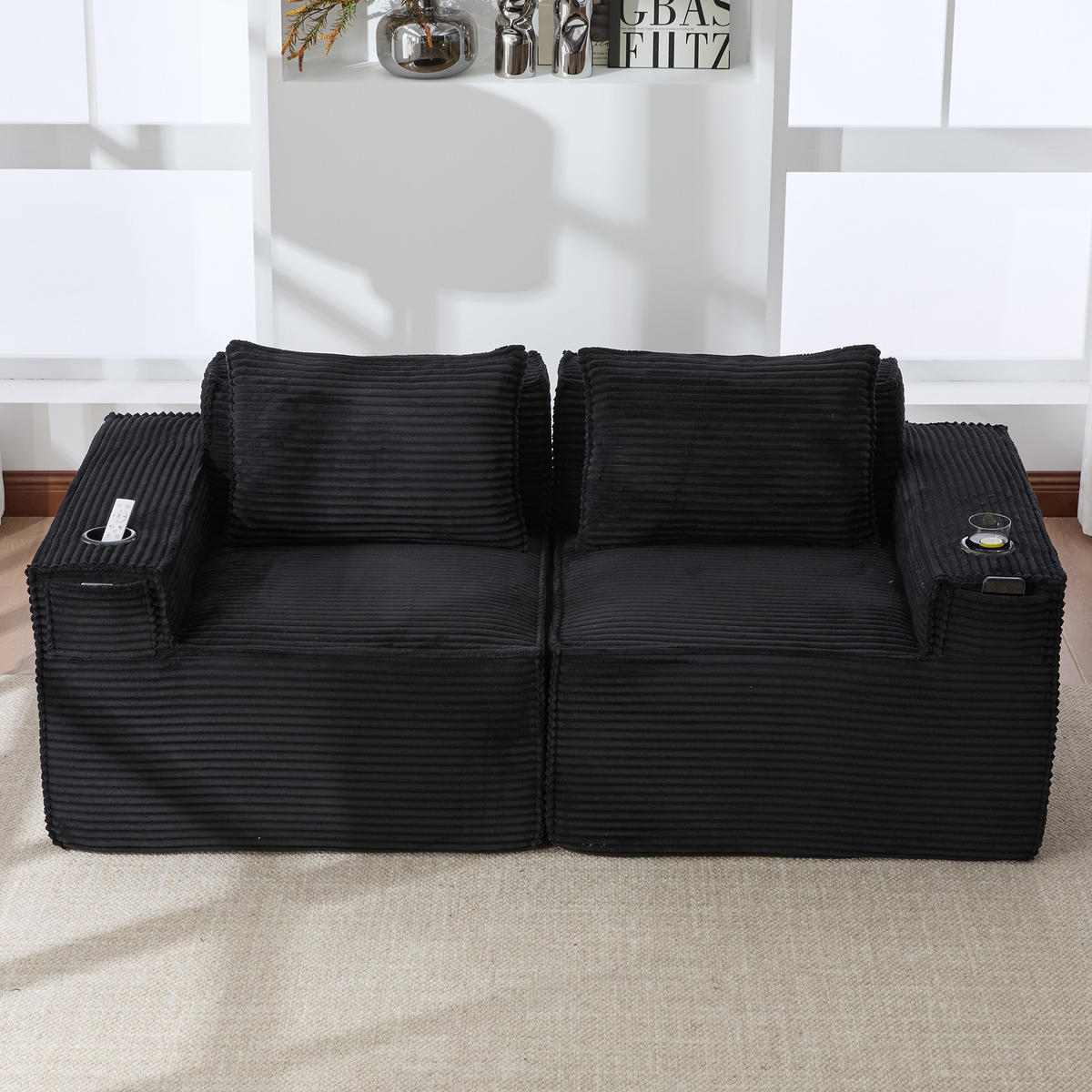 2-SITZER-SOFA DE-33835 modular mit Getränkehaltern Schwarz - Schwarz, Textil (188/75/90cm) - ComfortXL