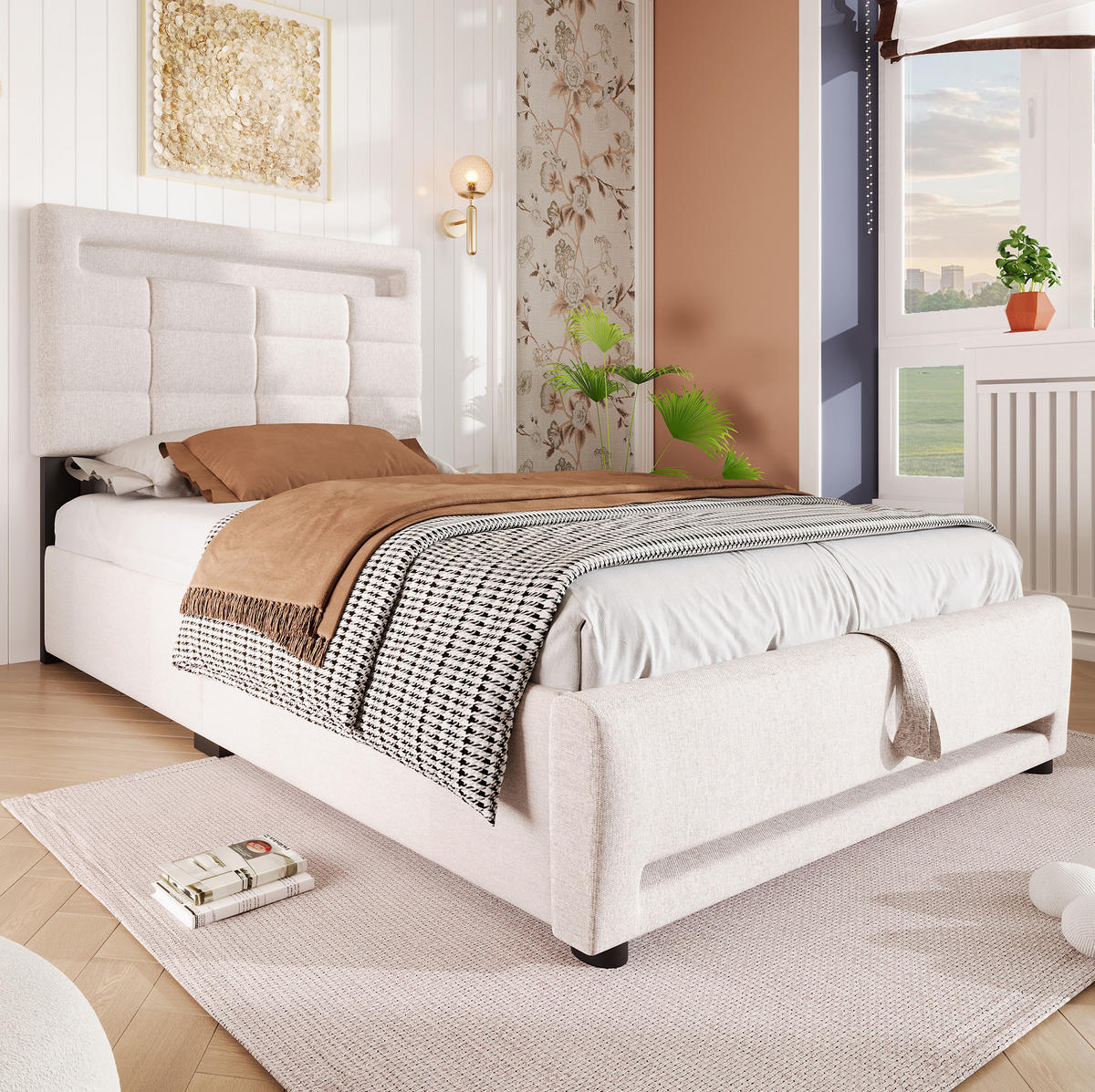BETT mit Stauraum und LED 90x200 cm Leinen Beige - Beige, Metall (90/200cm) - Meubliv