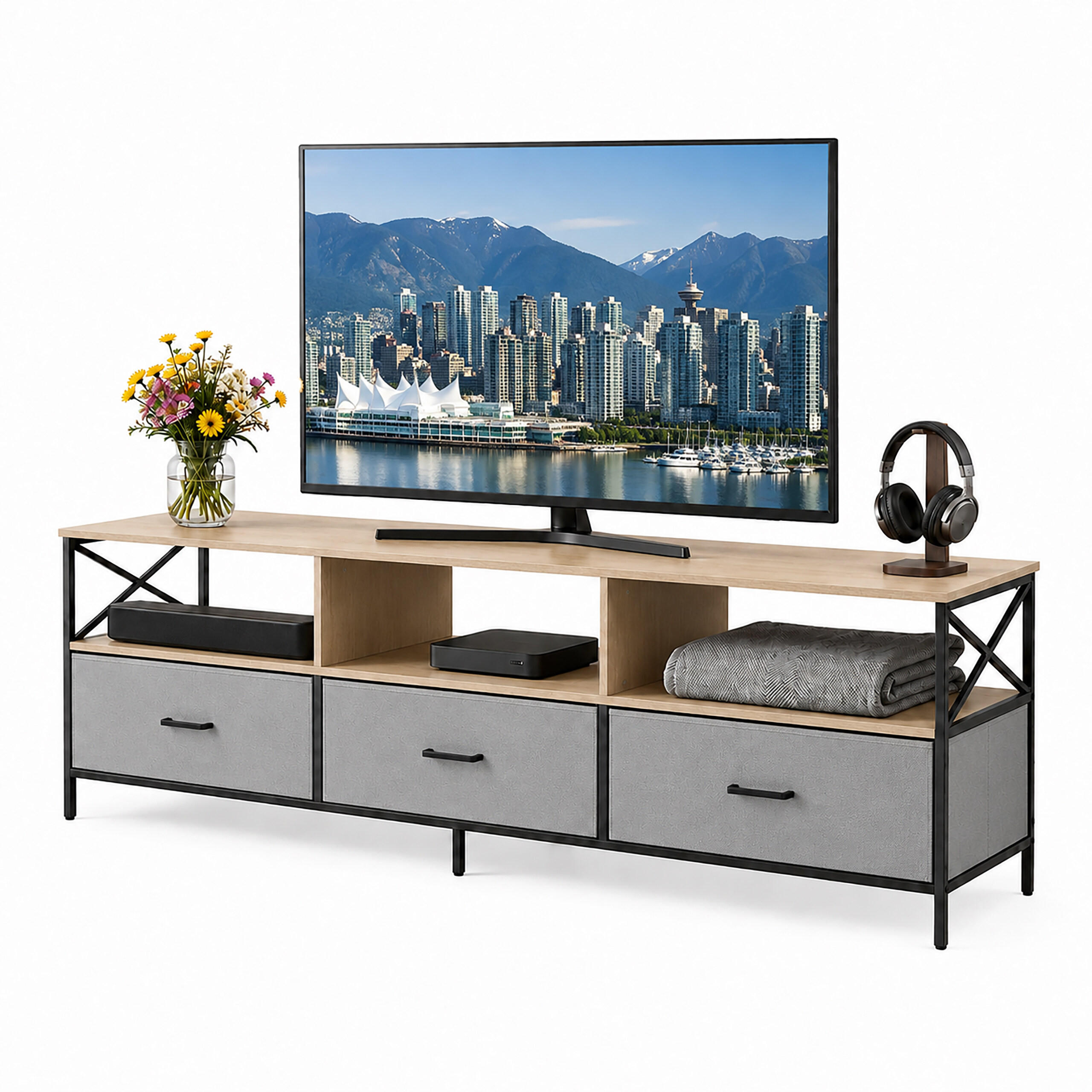 MOBILĂ-TV greige-negru sertare din material textil 150 cm