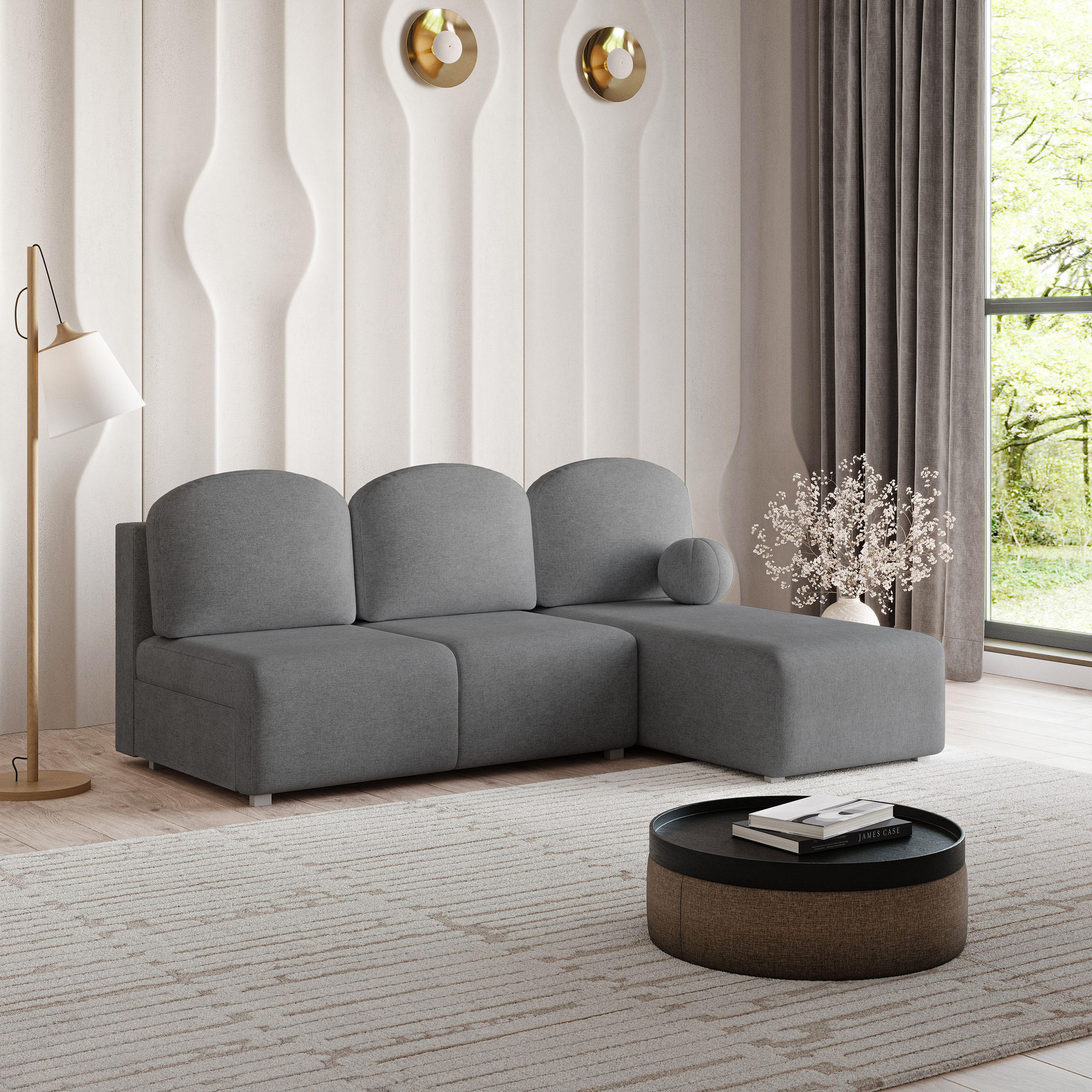 ECKSOFA TRAMA Grau Geflochtener Stoff mit Schlaffunktion - Grau, Holz (200/143cm) - MASSENO