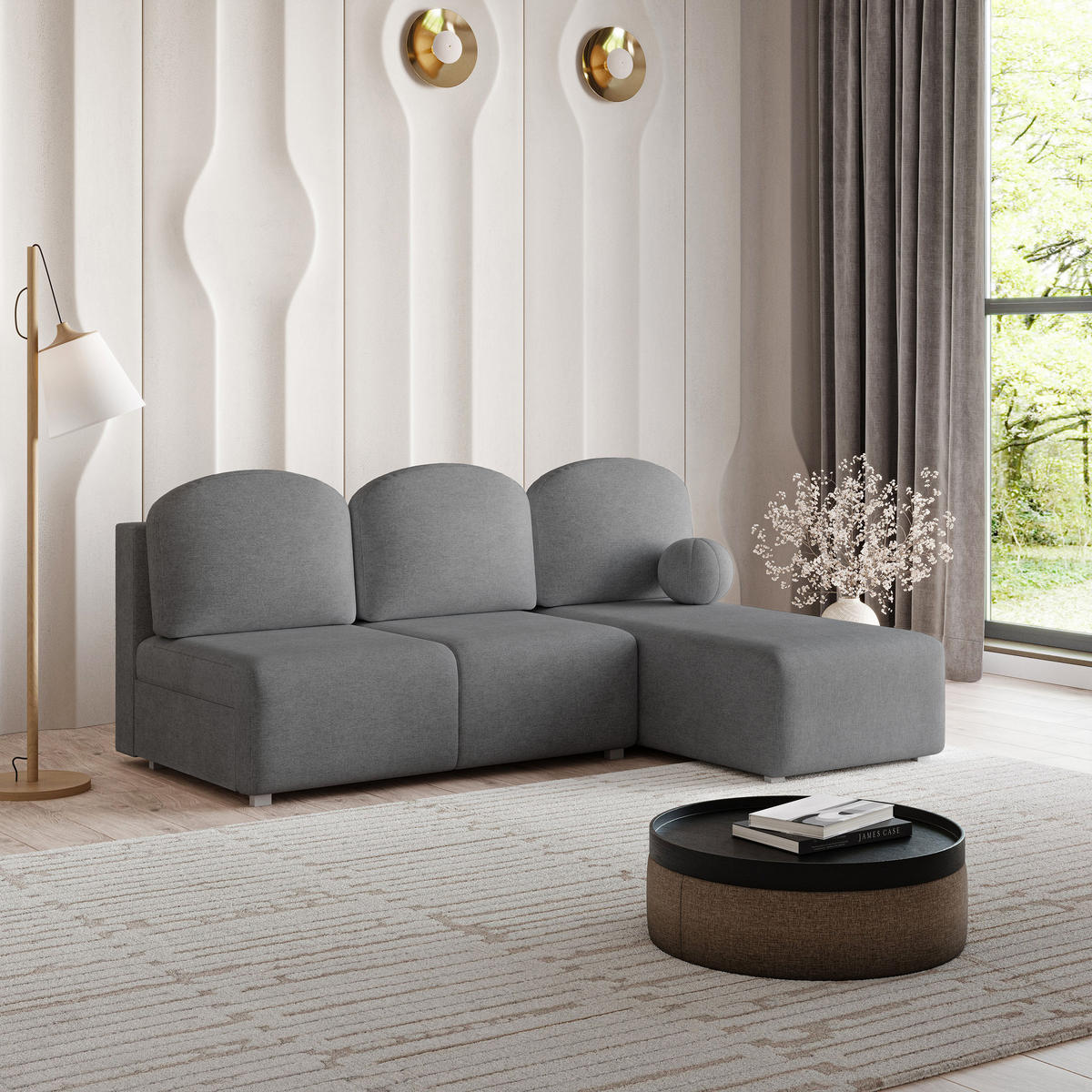 ECKSOFA TRAMA Grau Geflochtener Stoff mit Schlaffunktion - Grau, Holz (200/143cm) - MASSENO