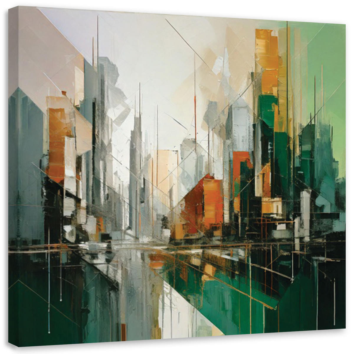 LEINWANDBILD Stadt Abstraktion Geometrisch Grün 50x50cm - Grün, Textil (50/50cm) - Feeby