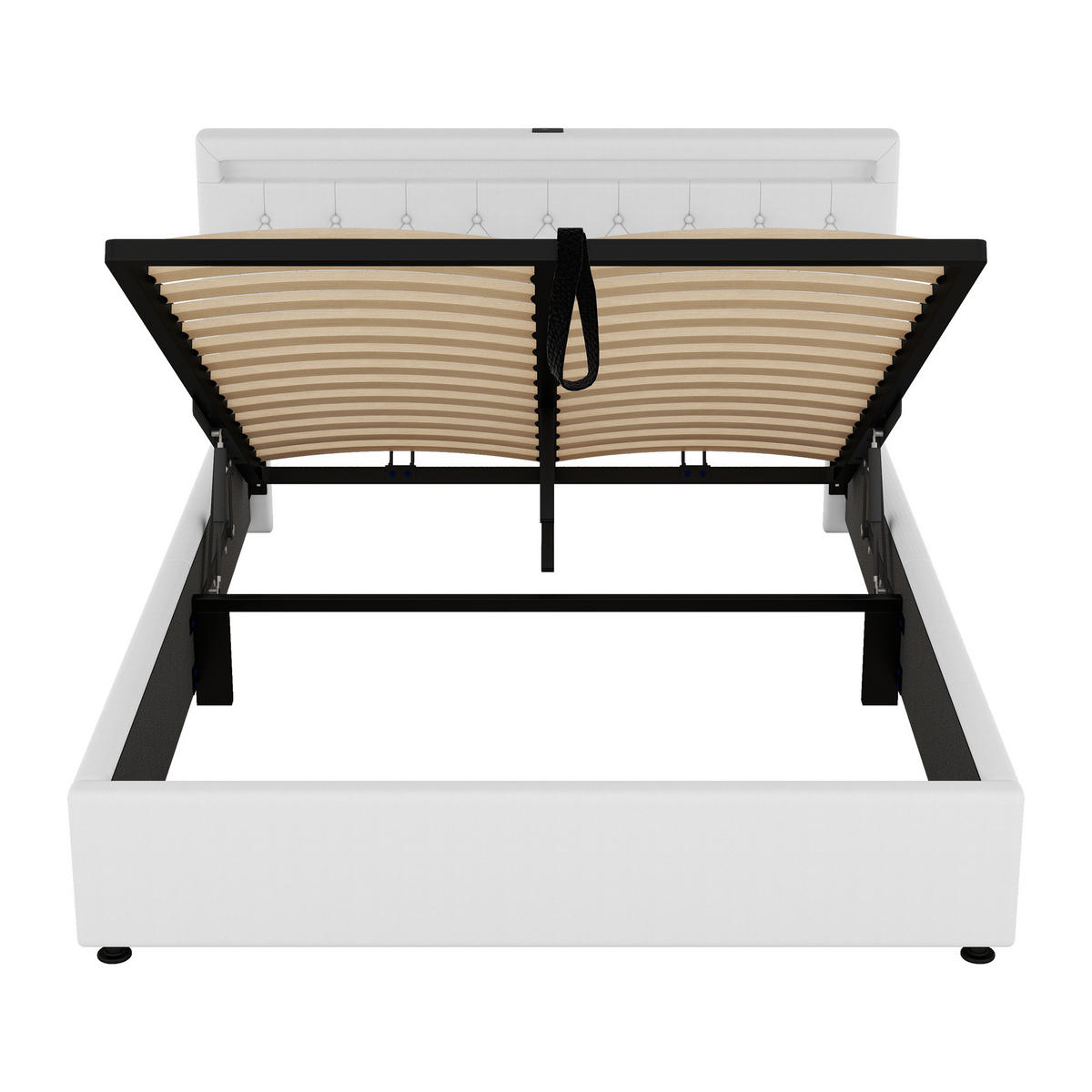 FLACHBETT 160x200cm Weiß gepolstert LED Hydraulik USB-C Stauraum - Weiß, Holz (160/200cm) - FLIEKS