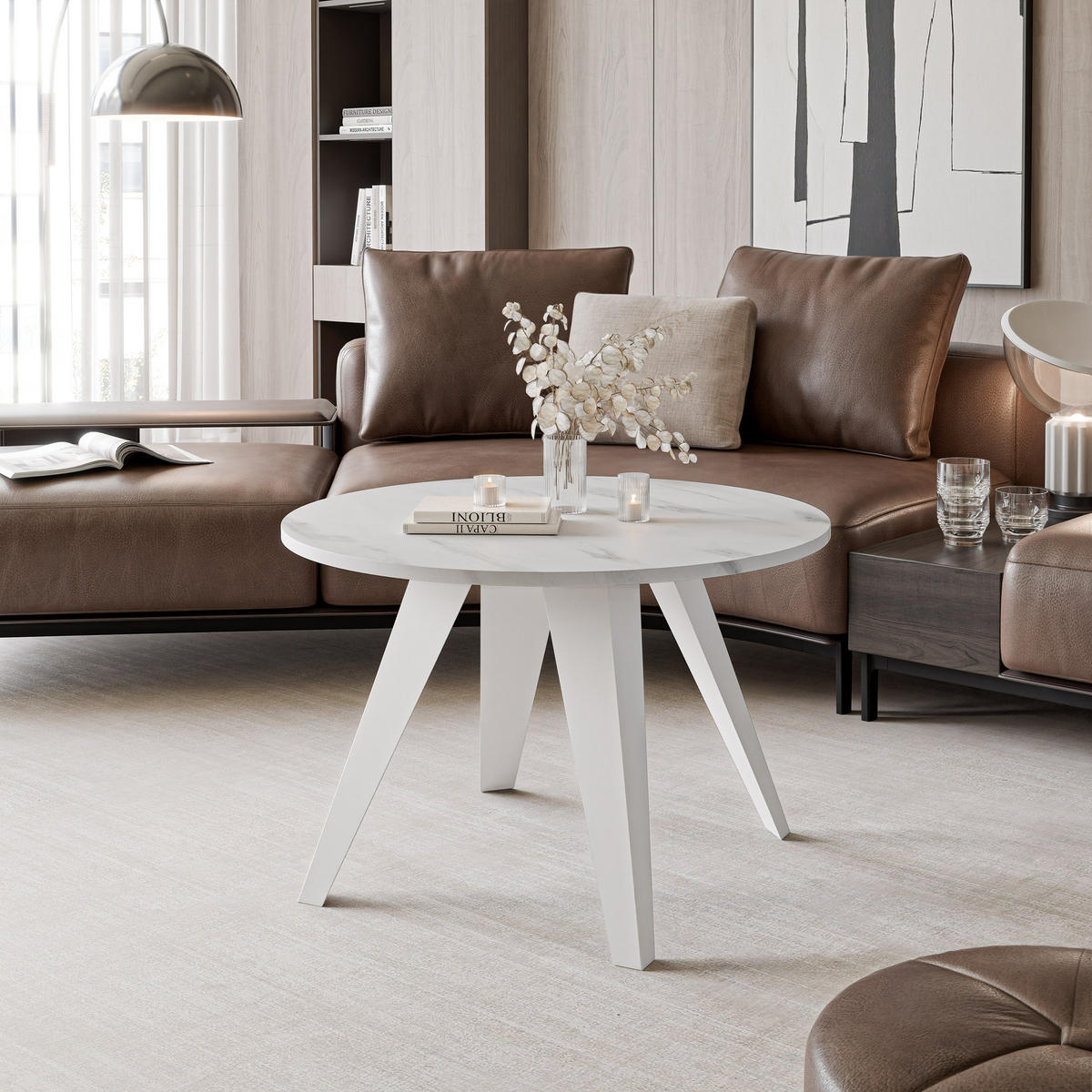 COUCHTISCH FERRO 75/50 cm runden, Weiß / Marmor Bianco - Perlmutt/Weiß, Metall (75/75/50cm) - Idohome