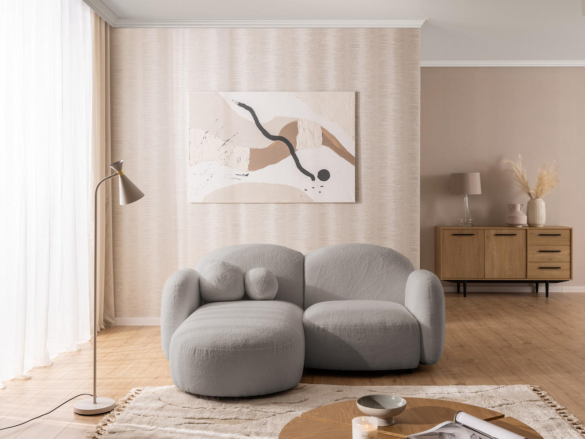 ECKSOFA Nuvola mit abgerundetem Design Hellgrau Bouclé-Stoff - Ottomane Links - Hellgrau/Schwarz, Holz/Kunststoff (190/146cm) - S-Style Möbel