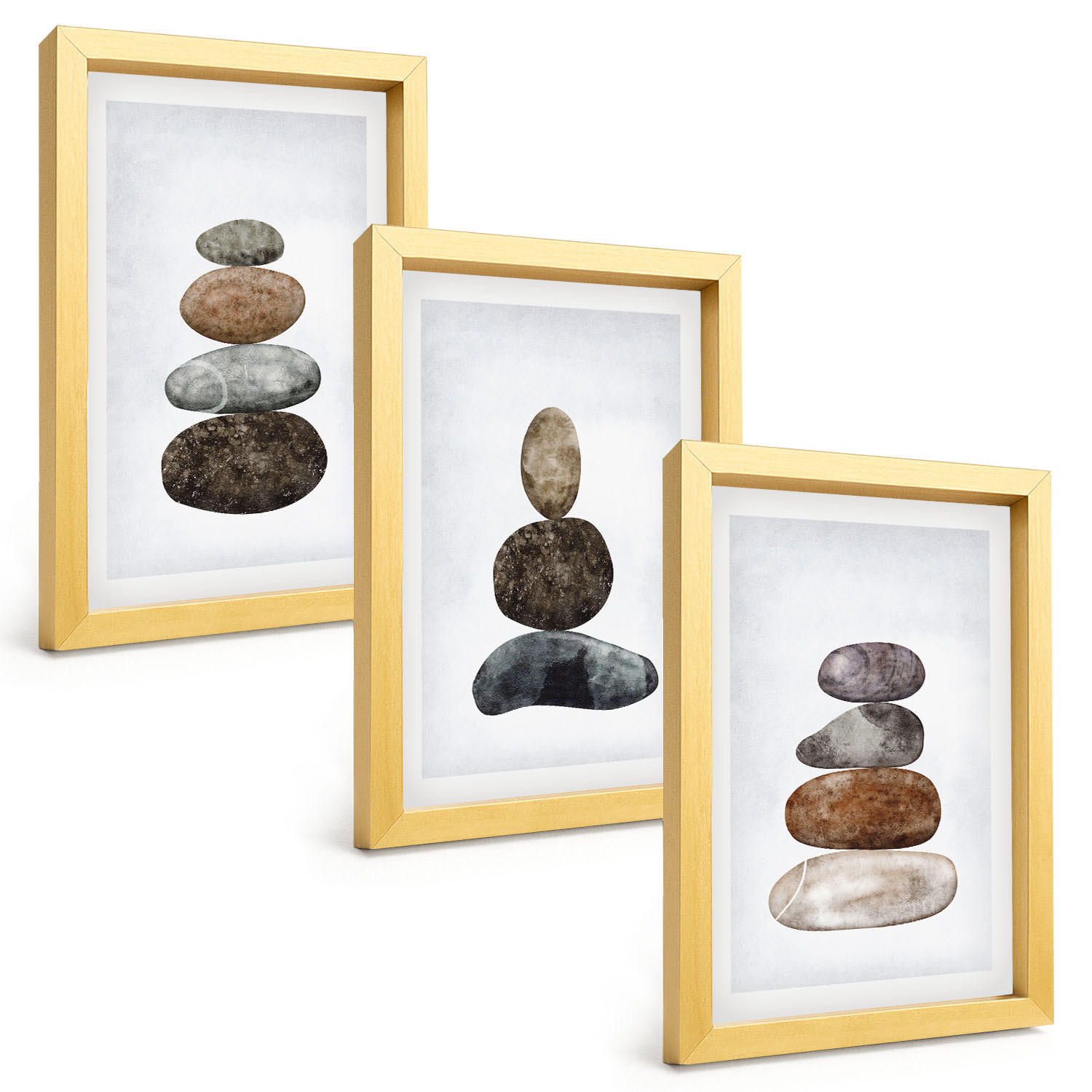 BILDER SET 3er Set - 20x30 cm Goldrahmen - Minimalistische Boho-Steine - Goldfarben, Kunststoff (20/30cm) - TULUP