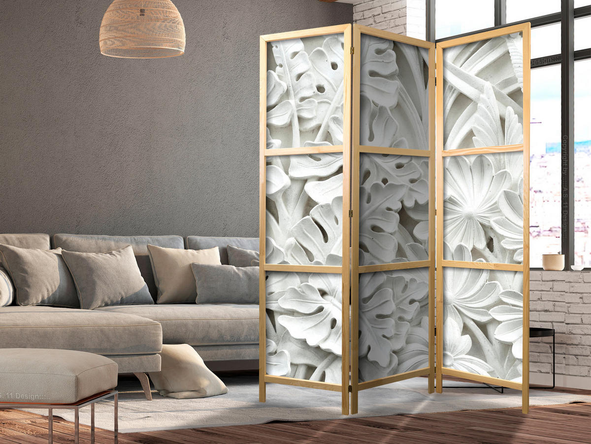 PARAVENT Japanischer 3-tlg 135x172 cm Wei e Bl tter 3D - Weiß, Holz/Textil (135/172/3cm) - Muralo