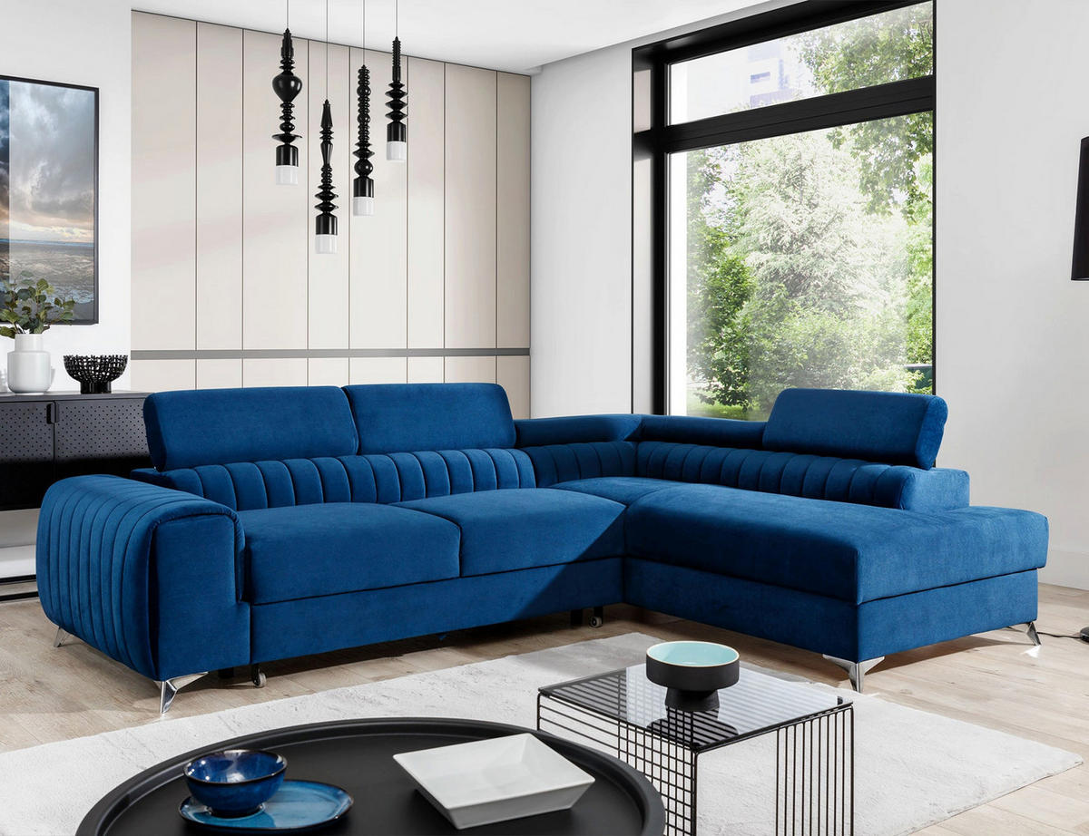 ECKSOFA Laurence mit Schlaffunktion & Bettkasten – 278 x 205 cm, verstellbare Kopfstützen - Blau, Kunststoff (278/205cm) - Wohnideebilder