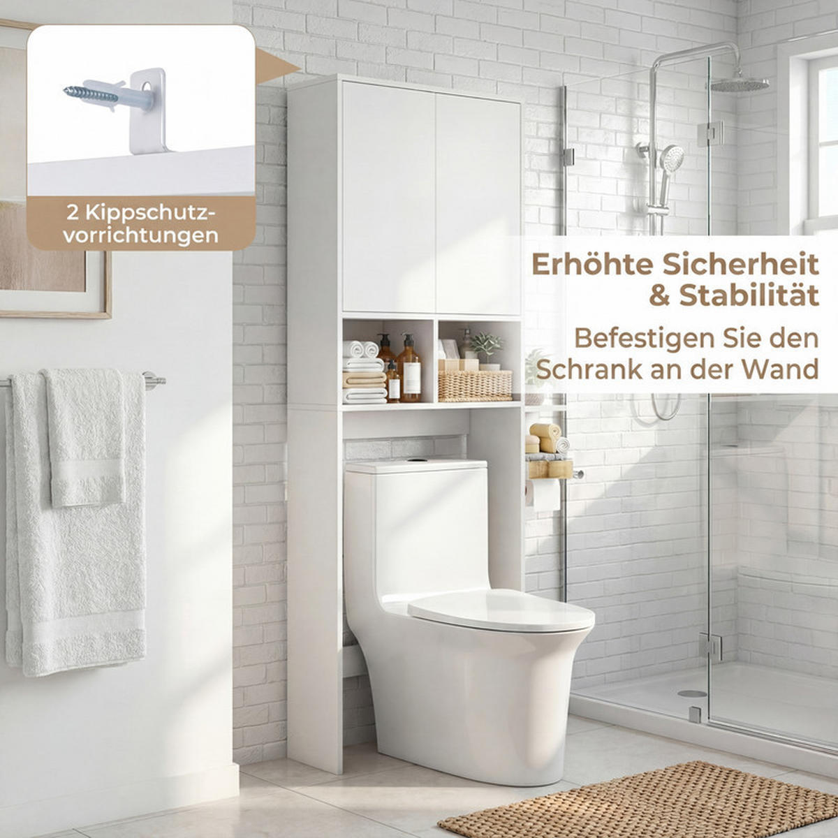 TOILETTENREGAL mit Doppeltür weiß - Weiß, Holzwerkstoff (56/166/23cm) - COSTWAY