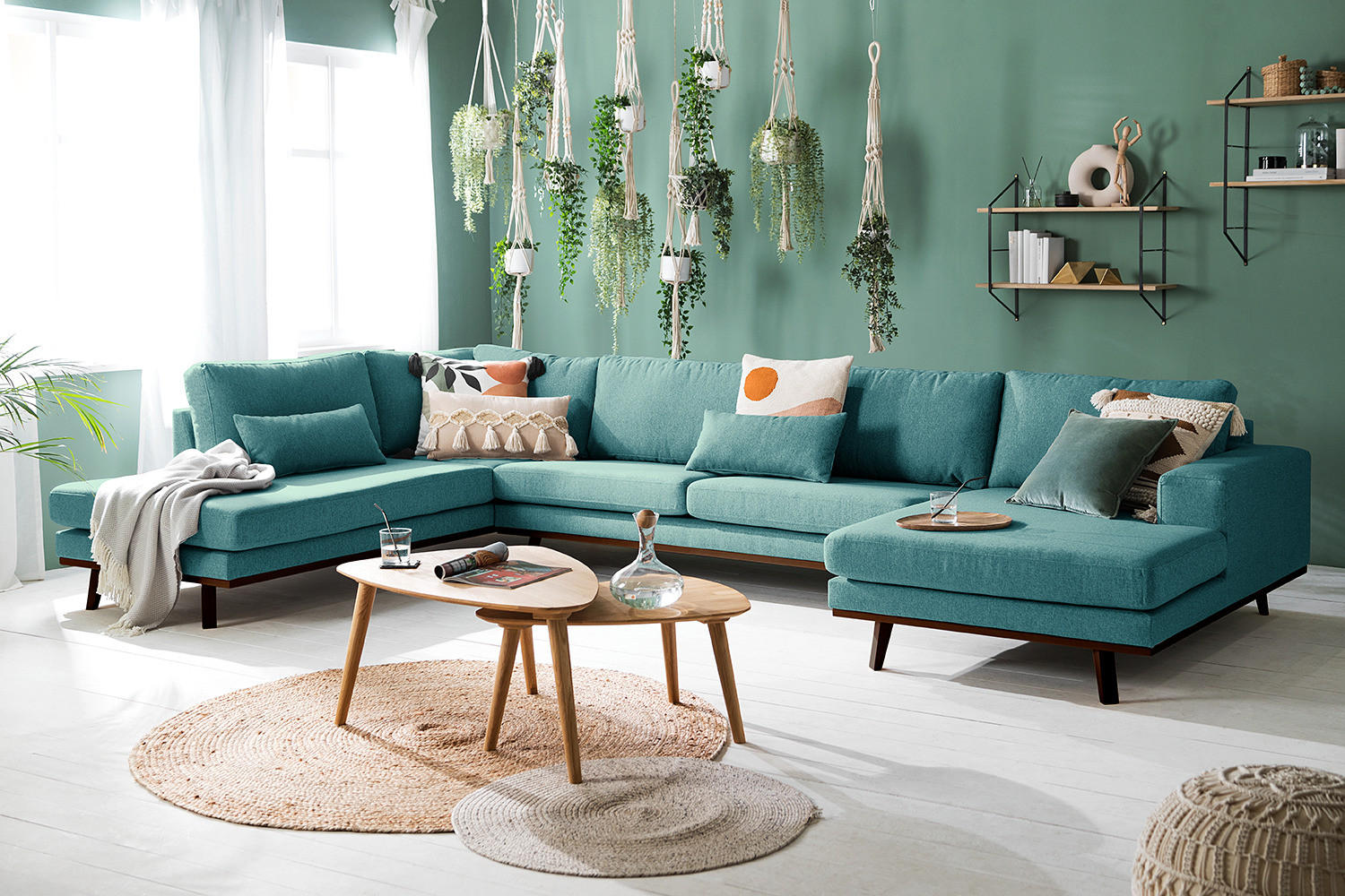 WOHNLANDSCHAFT mit Longchair - Buchefarben/Petrol, Textil (371/81/219cm) - home24