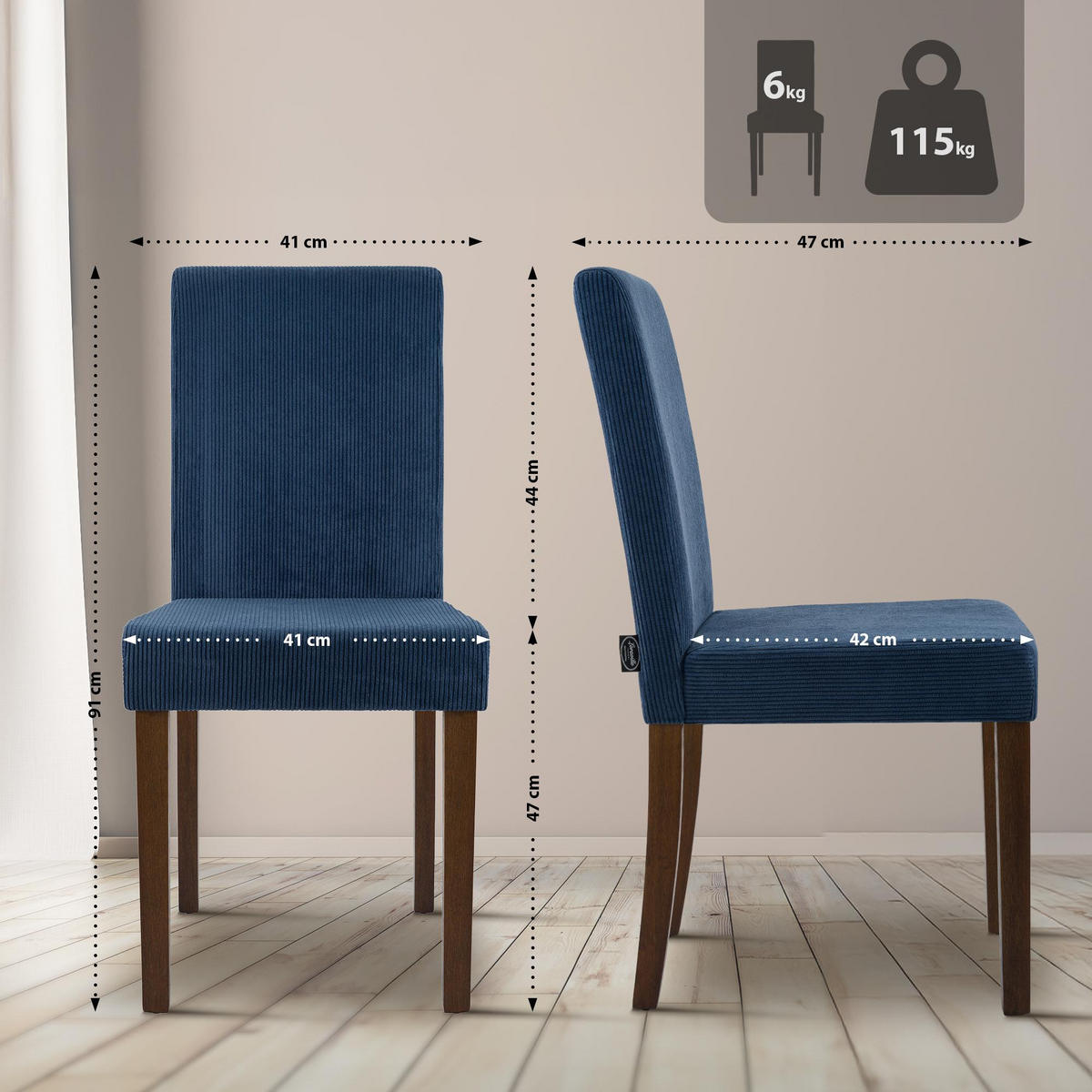 ESSZIMMERSTUHL Cord Blau - Blau, Holz/Textil (41/91/47cm) - CLP