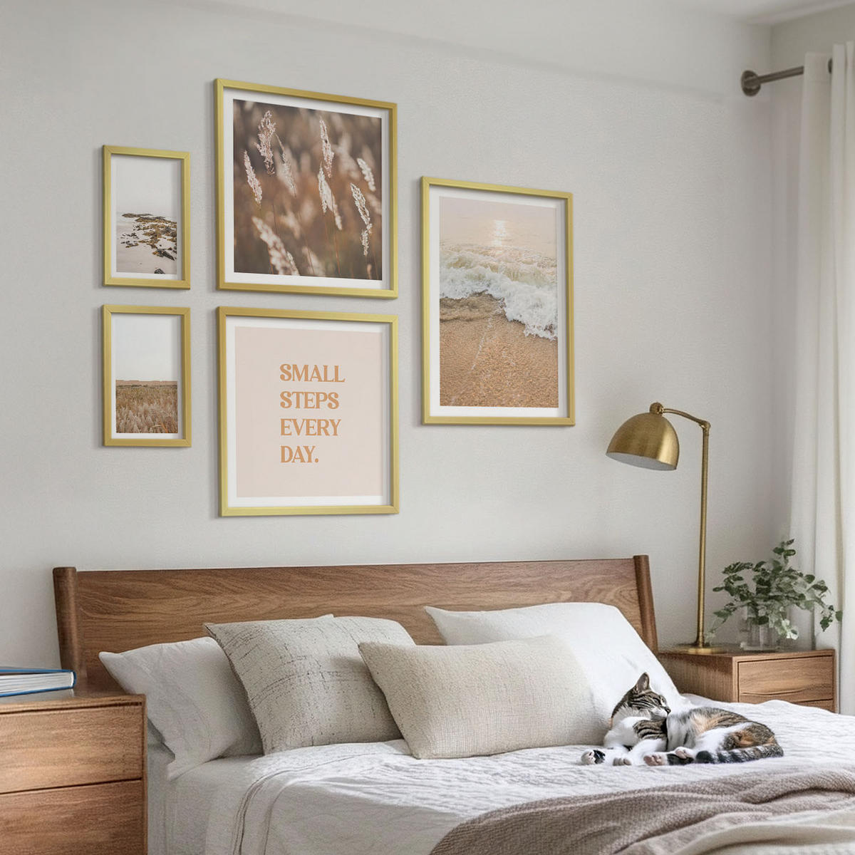 WANDBILDER 5er Set - 50x50 cm & 20x30 cm & 40x60 cm Goldrahmen - Strandwellen, Steine, Sommer - Goldfarben, Kunststoff (40/60cm) - ArtPrintCave
